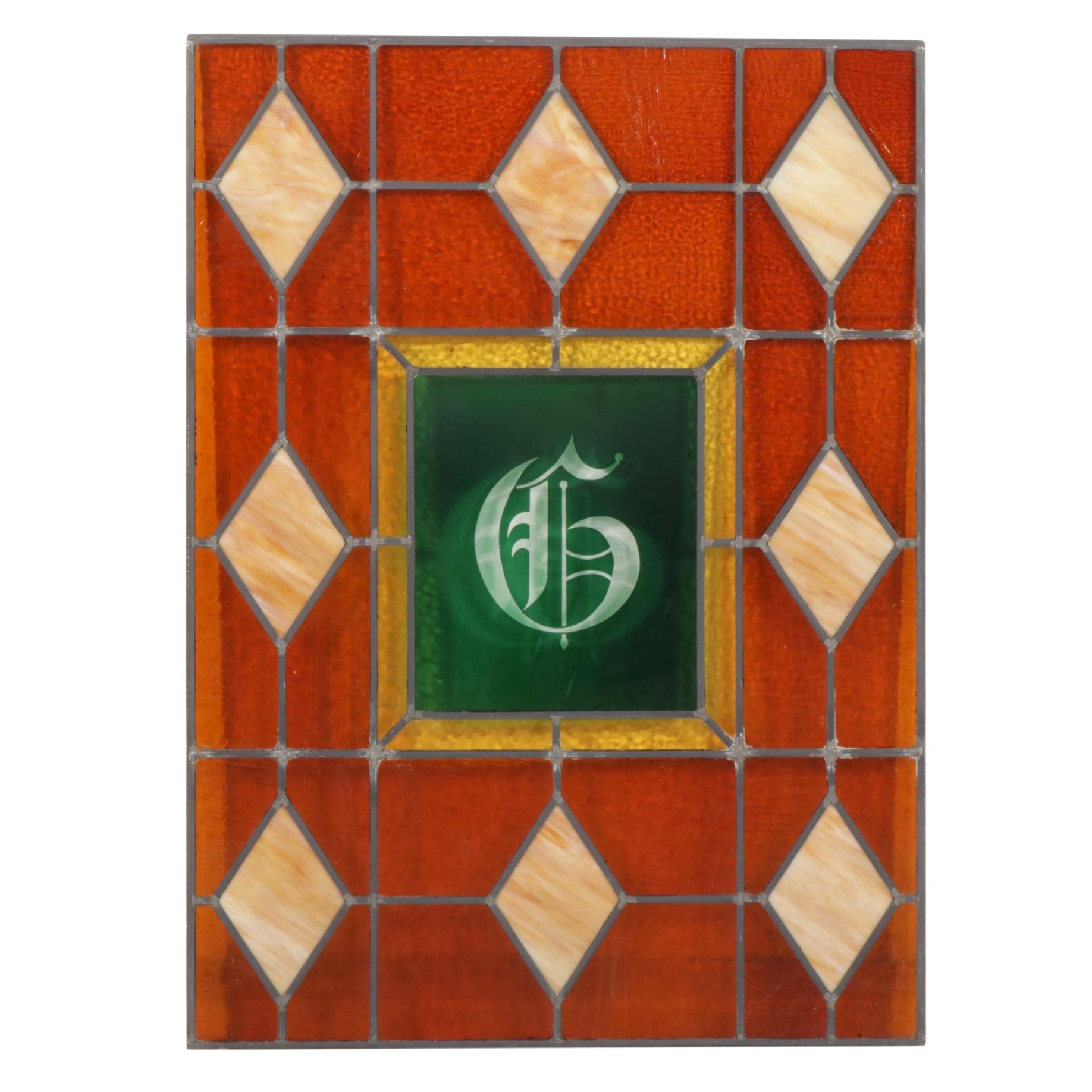Stained and Slag Glass Leaded Panel Featuring Gothic Letter "G"