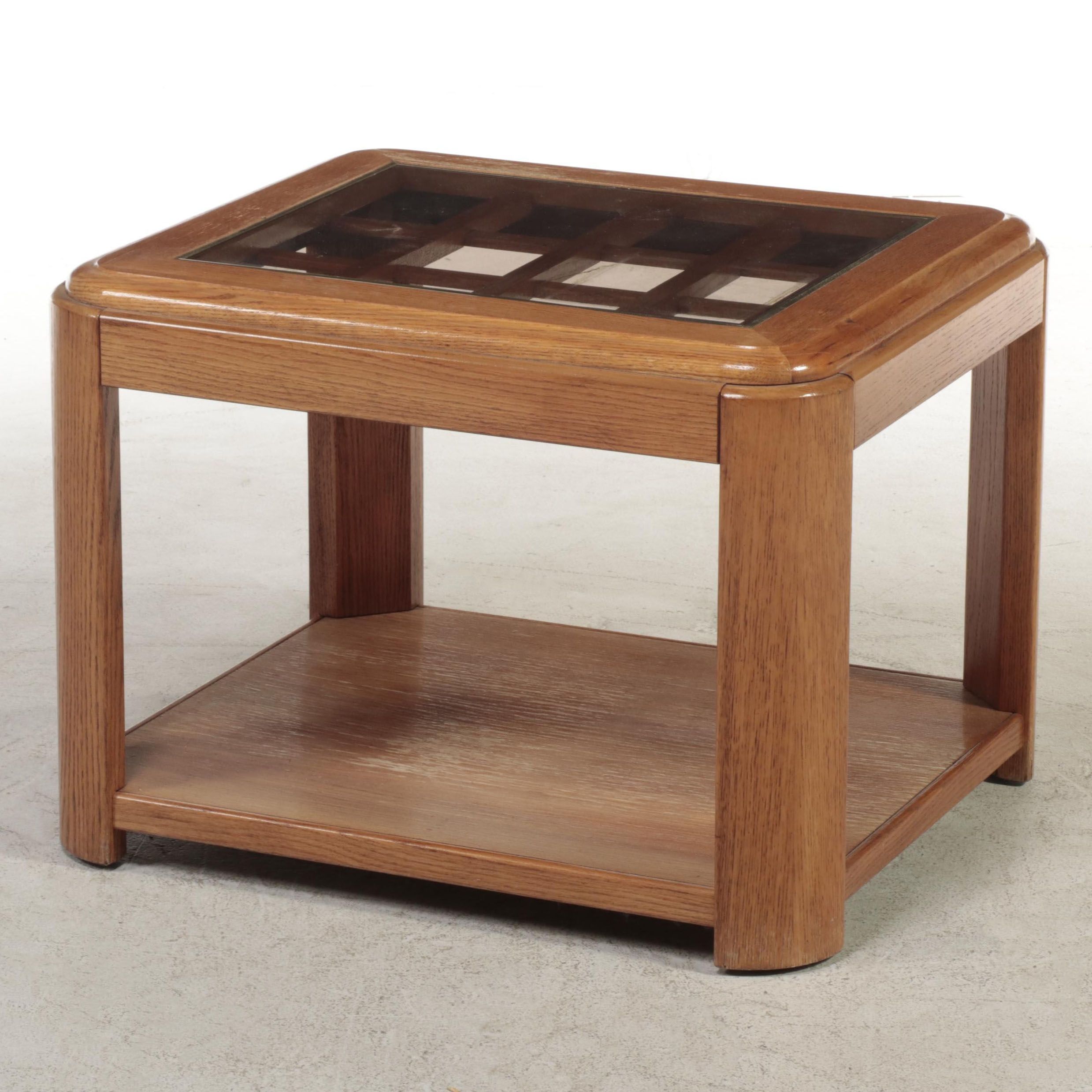 Modernist Style Oak and Glass Top Two-Tier End Table, 1970s
