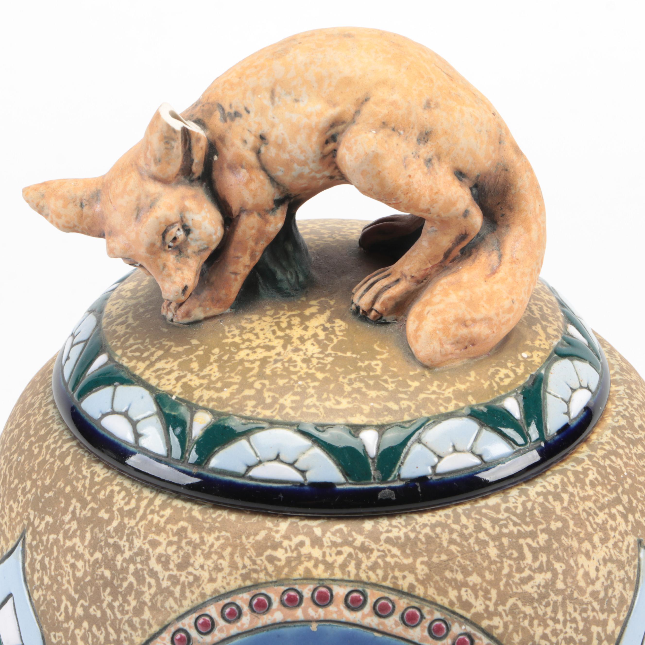 Amphora Pottery Covered Jar with Fox Finial