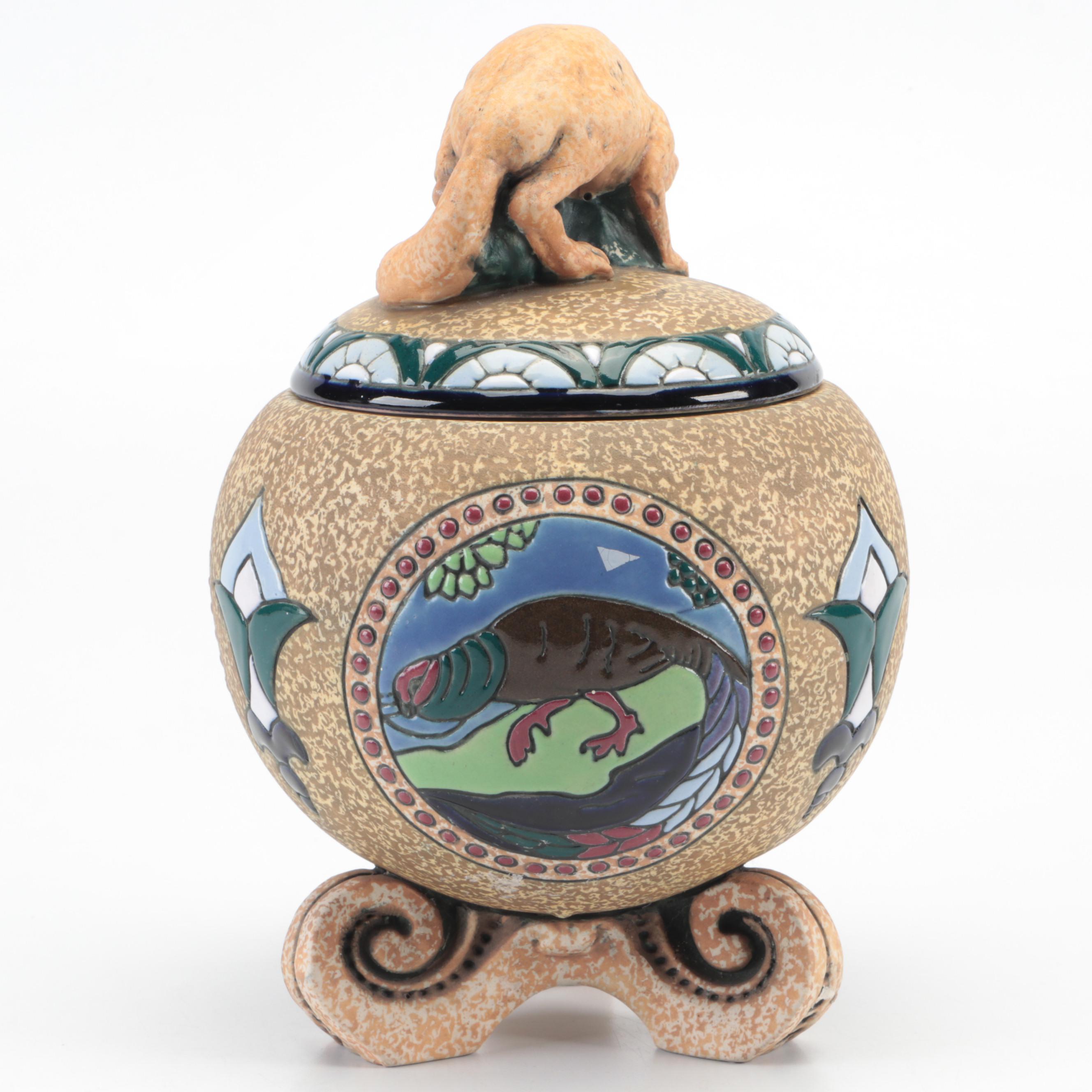Amphora Pottery Covered Jar with Fox Finial