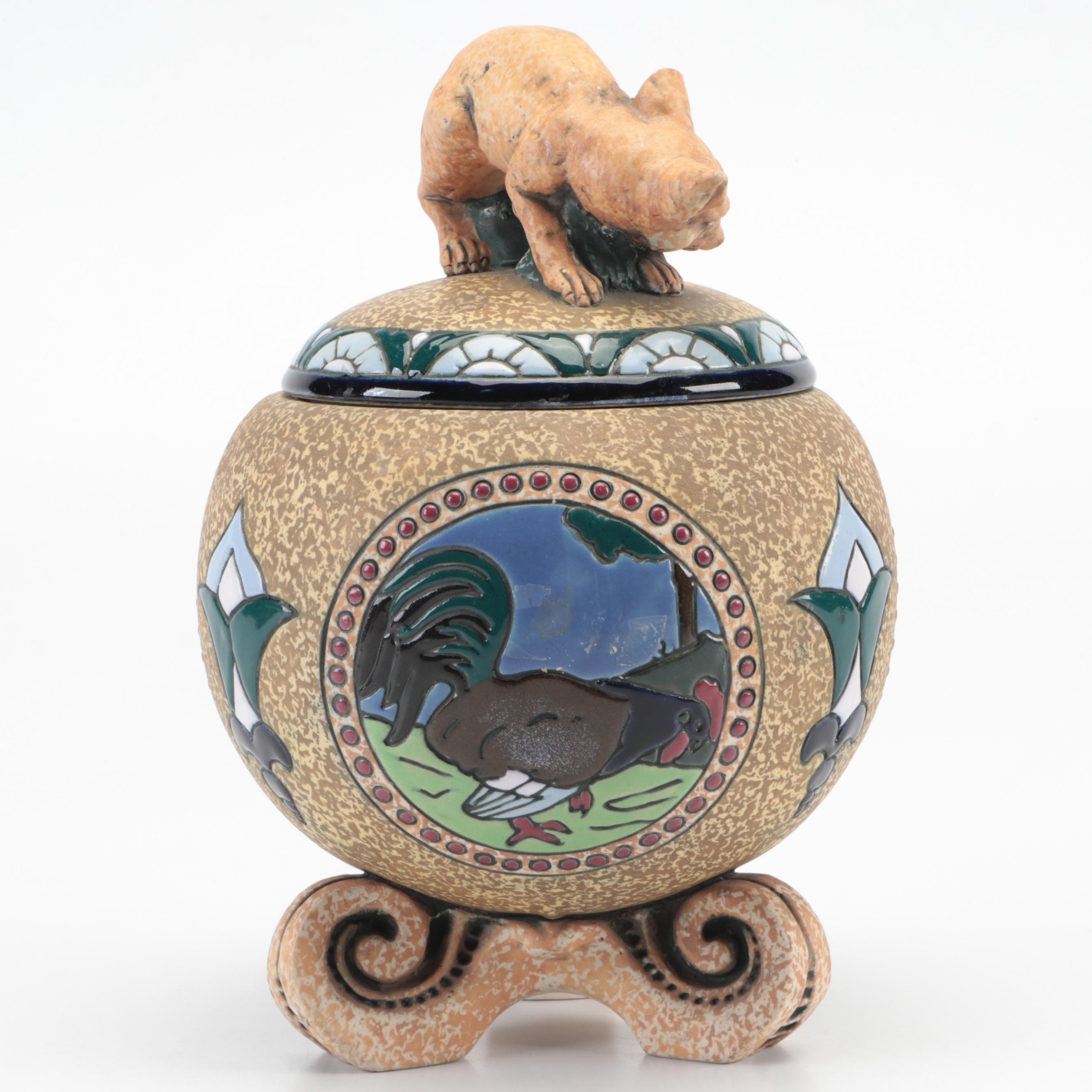 Amphora Pottery Covered Jar with Fox Finial