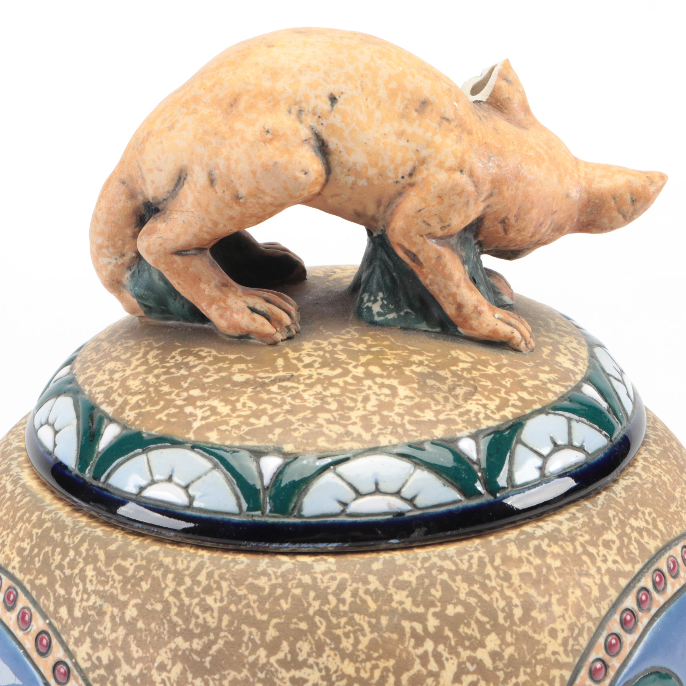 Amphora Pottery Covered Jar with Fox Finial
