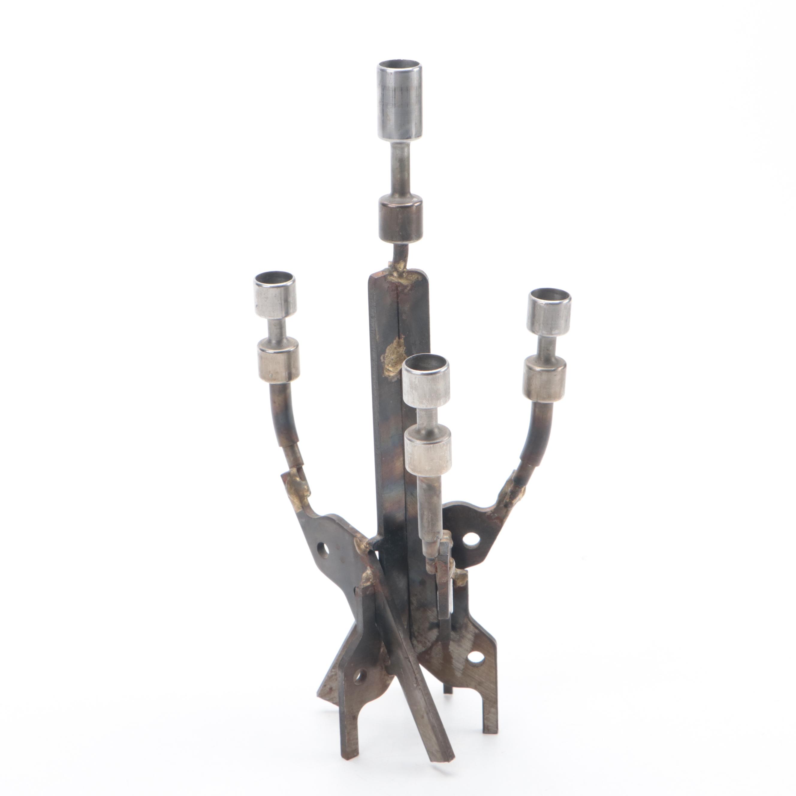 Brutalist Wrought Iron Hanukkah Menorah with Welded Metal Candelabrum