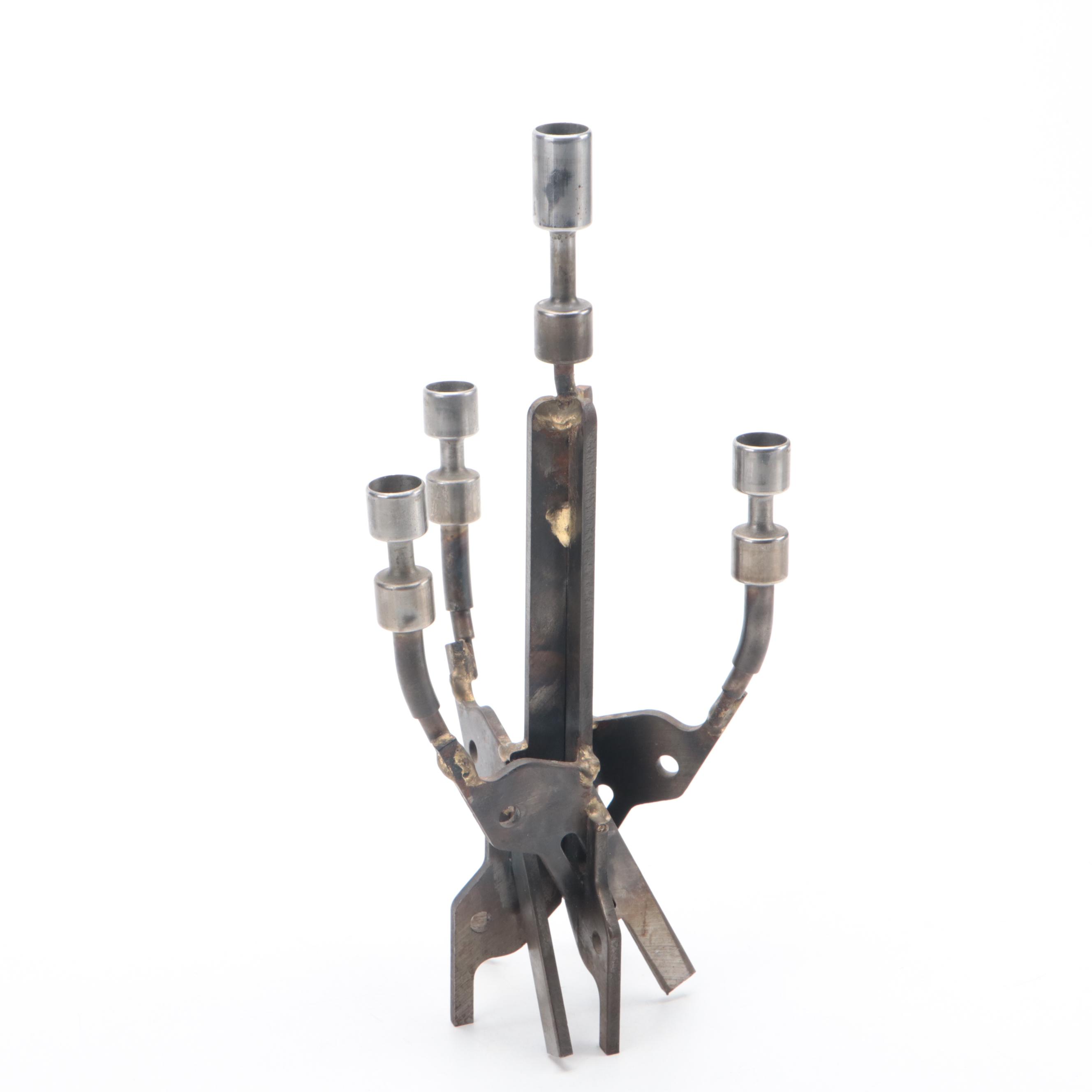 Brutalist Wrought Iron Hanukkah Menorah with Welded Metal Candelabrum