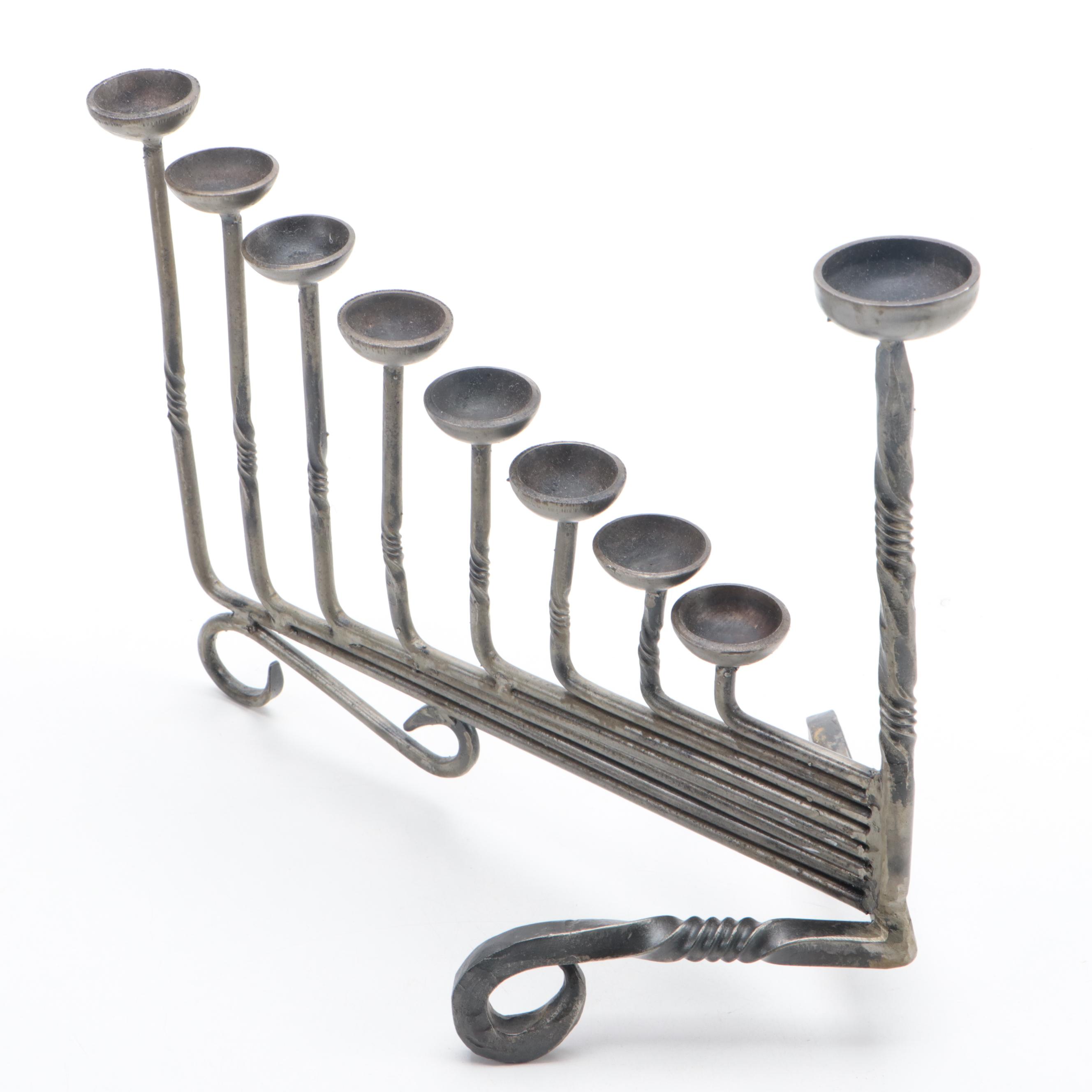 Brutalist Wrought Iron Hanukkah Menorah with Welded Metal Candelabrum