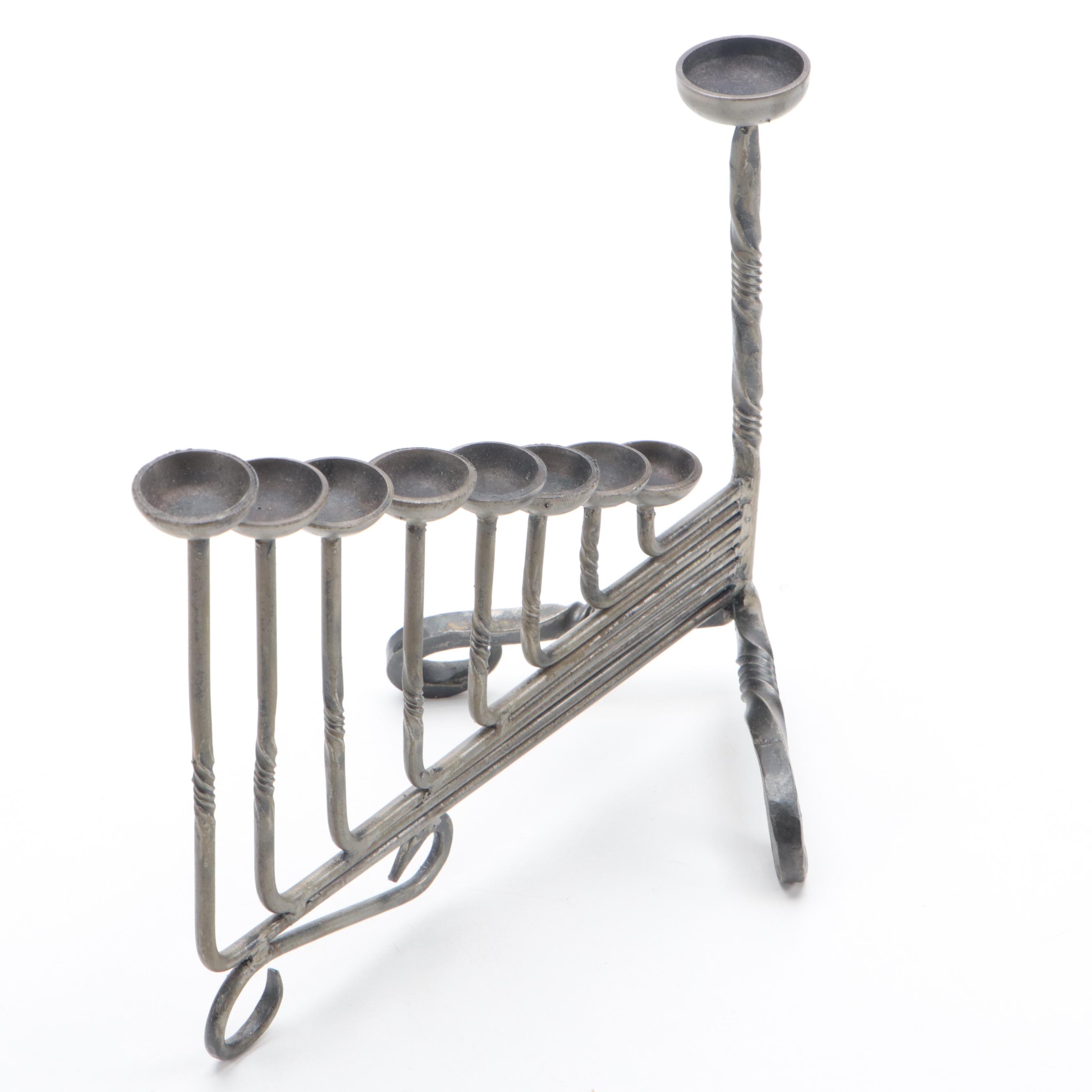 Brutalist Wrought Iron Hanukkah Menorah with Welded Metal Candelabrum