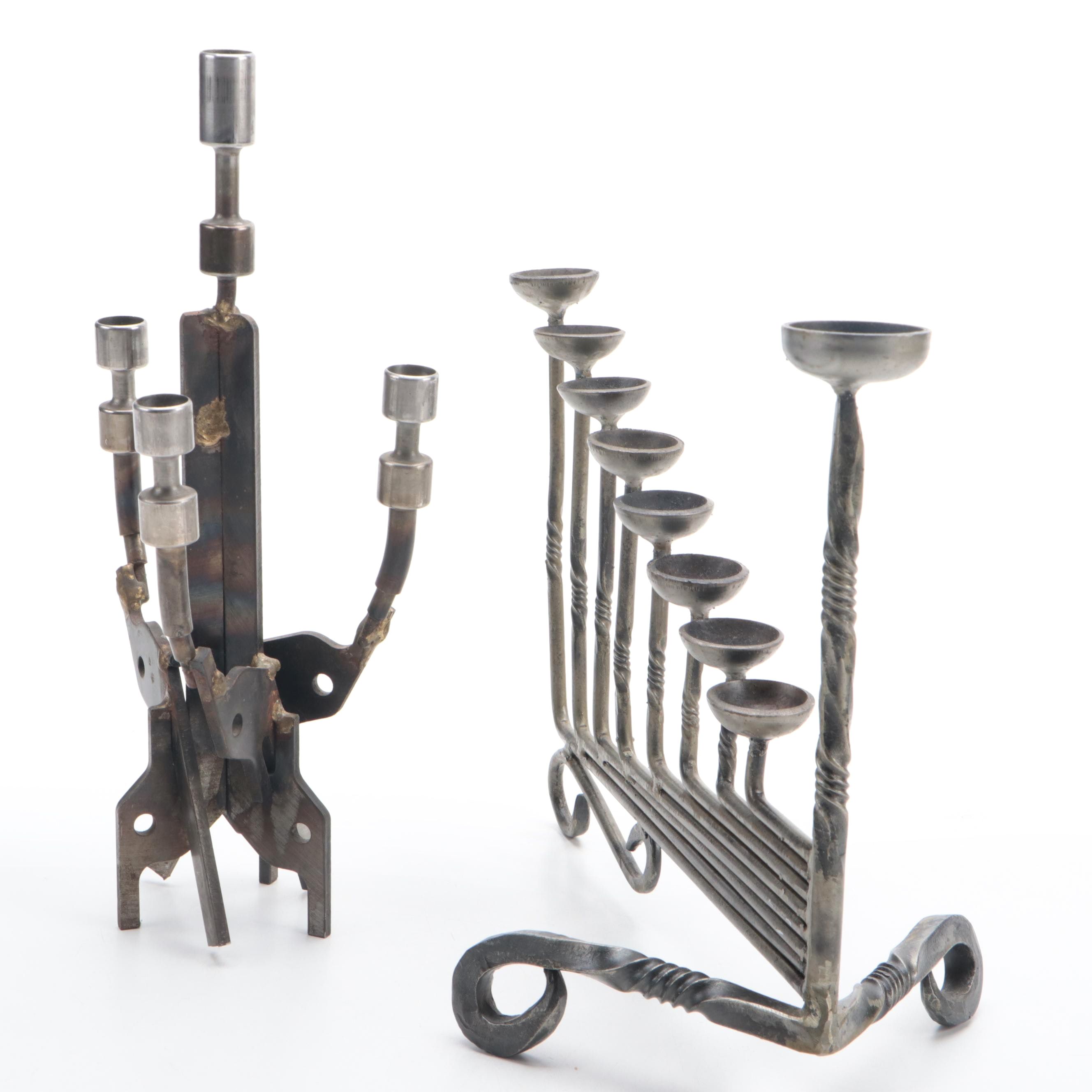 Brutalist Wrought Iron Hanukkah Menorah with Welded Metal Candelabrum
