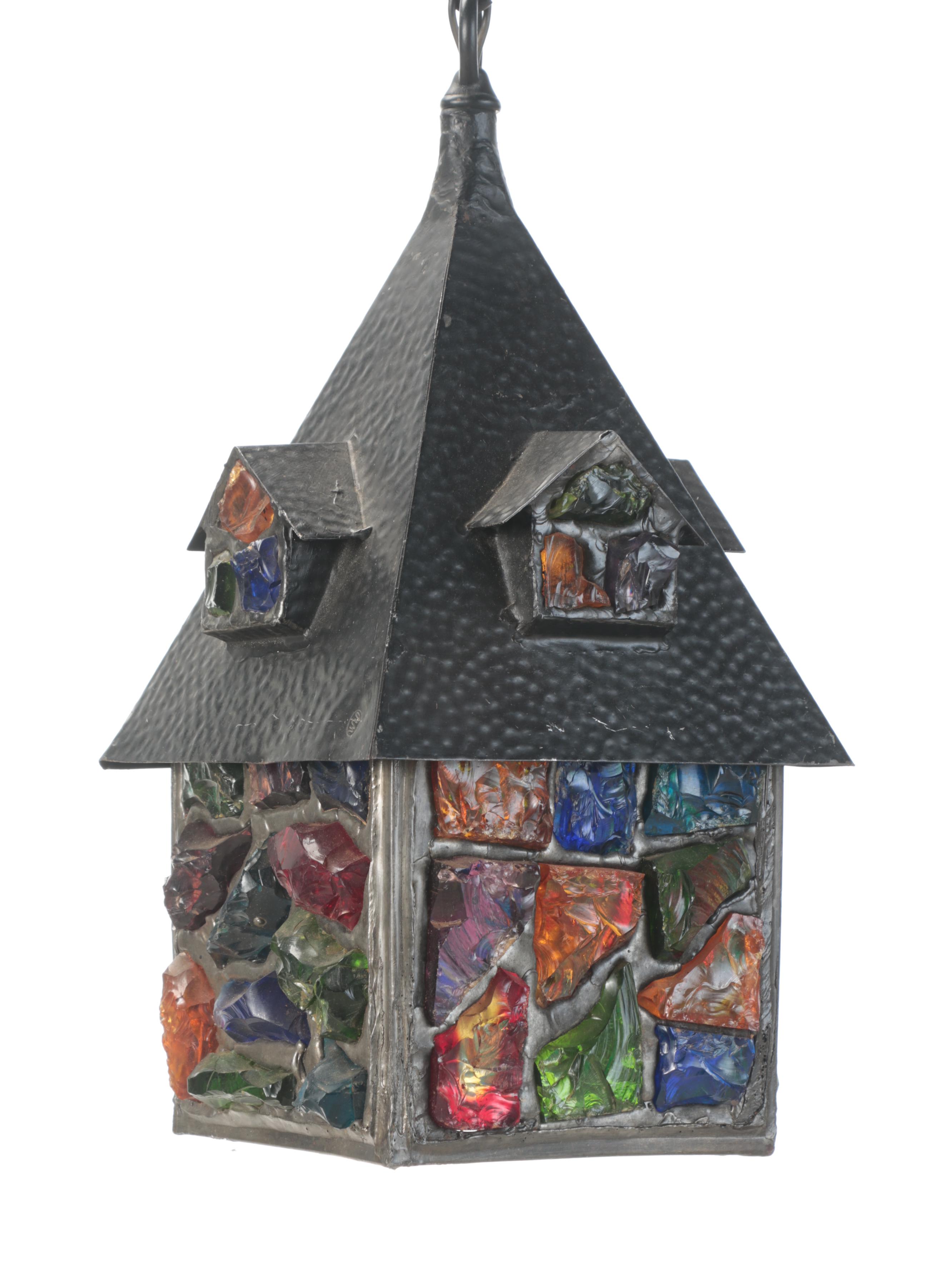 Pair of Peter Marsh Stone Patio Pendant Lights With Chunky Colored Glass