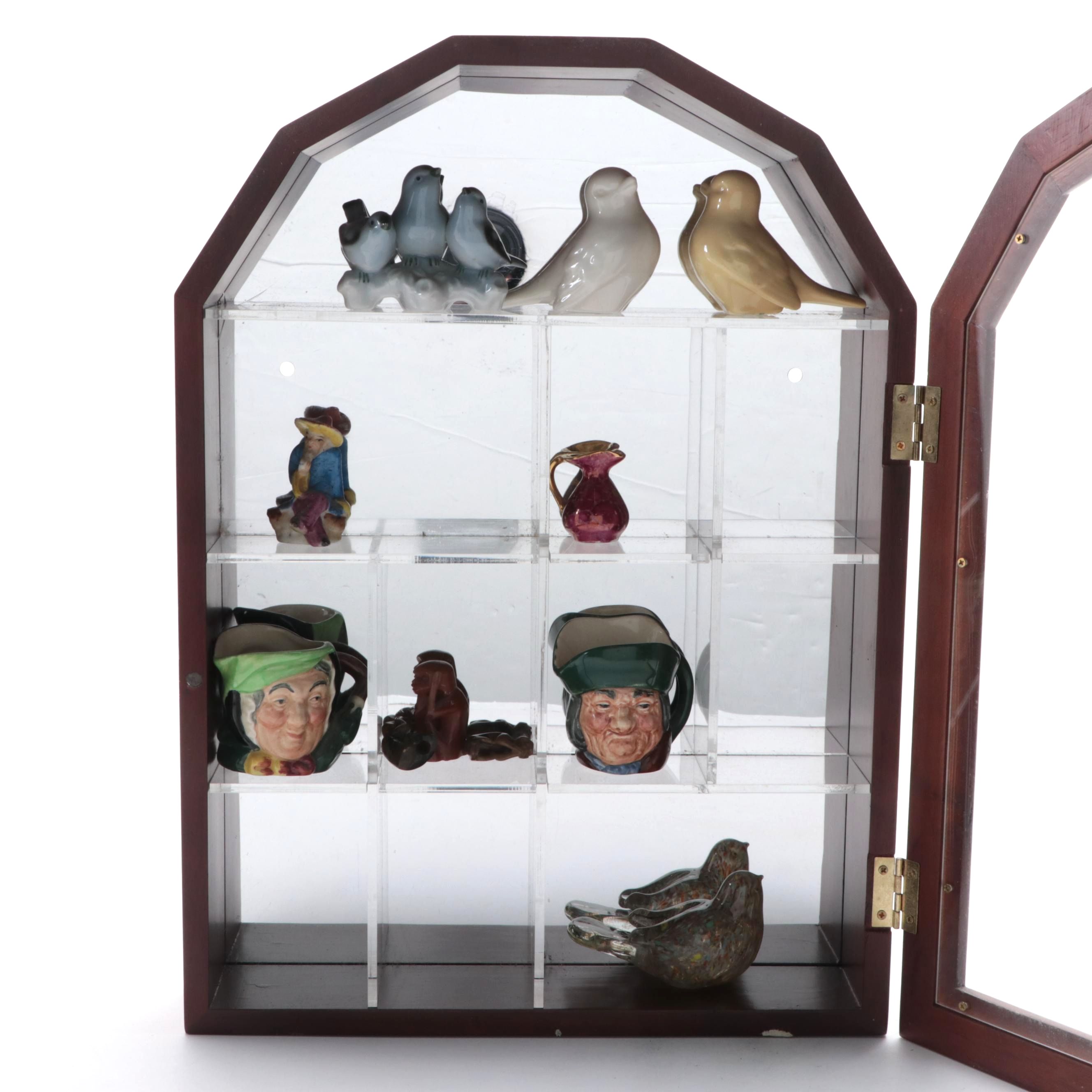 Wooden Wall-Mount Mirrored-Back Display Case with Toby Jugs and More