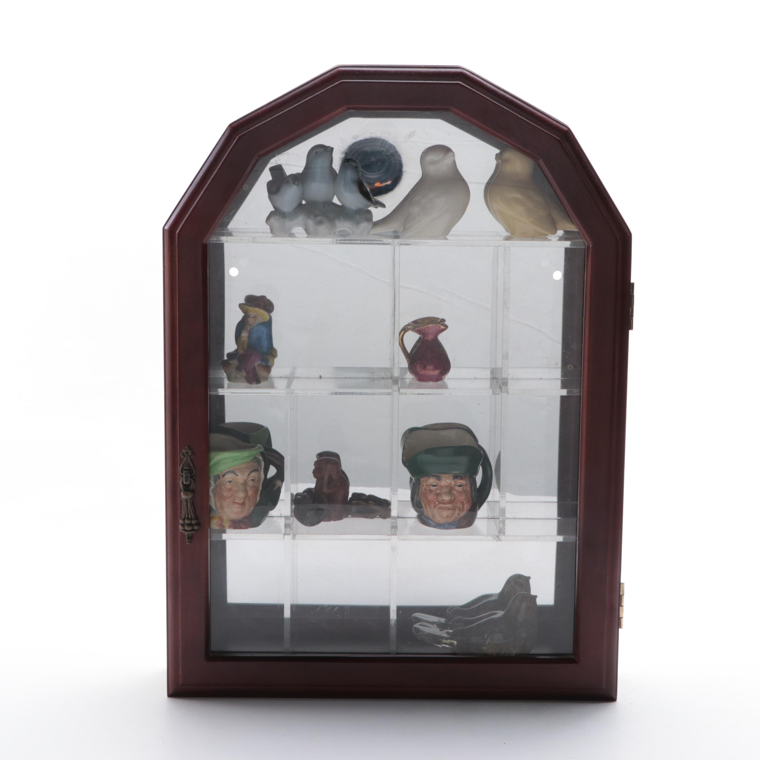 Wooden Wall-Mount Mirrored-Back Display Case with Toby Jugs and More