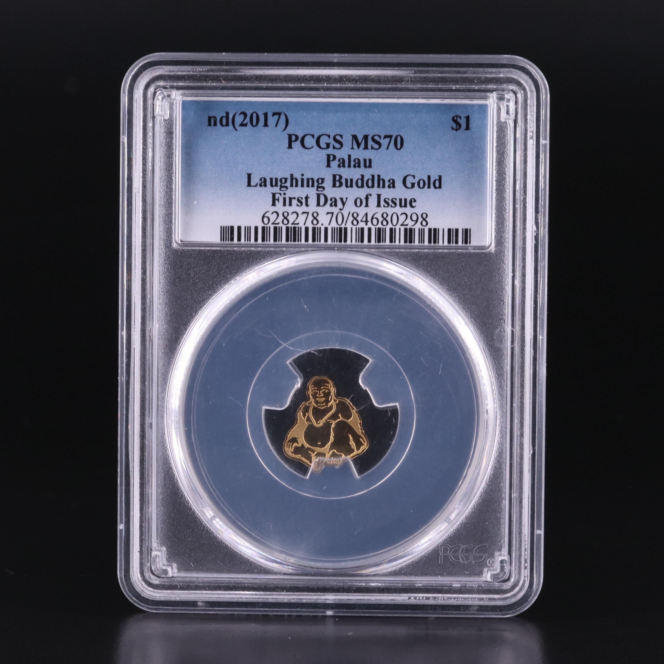 PCGS Graded MS70 (2017) Palau "Laughing Buddha" $1 Gold Coin