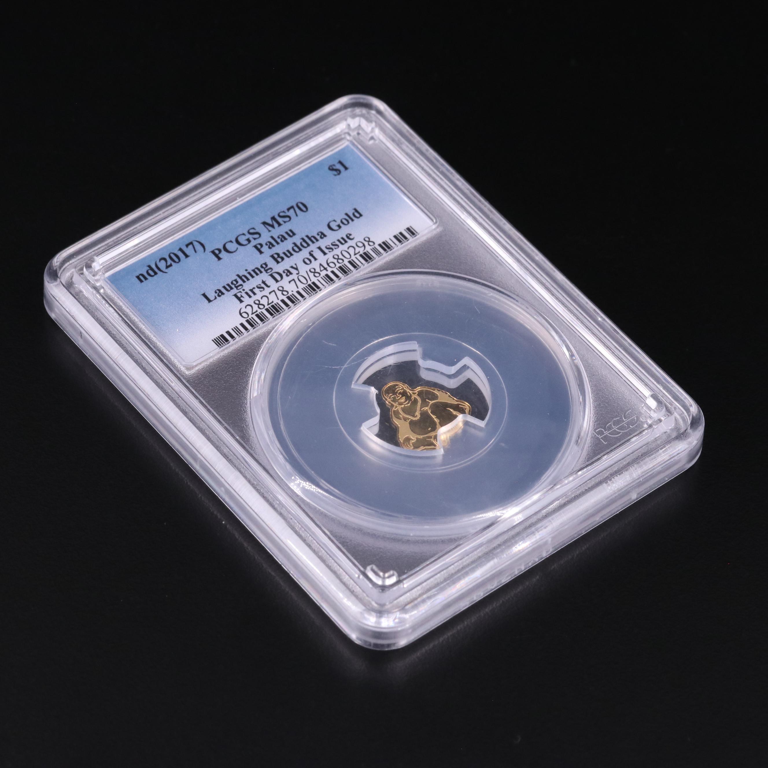 PCGS Graded MS70 (2017) Palau "Laughing Buddha" $1 Gold Coin