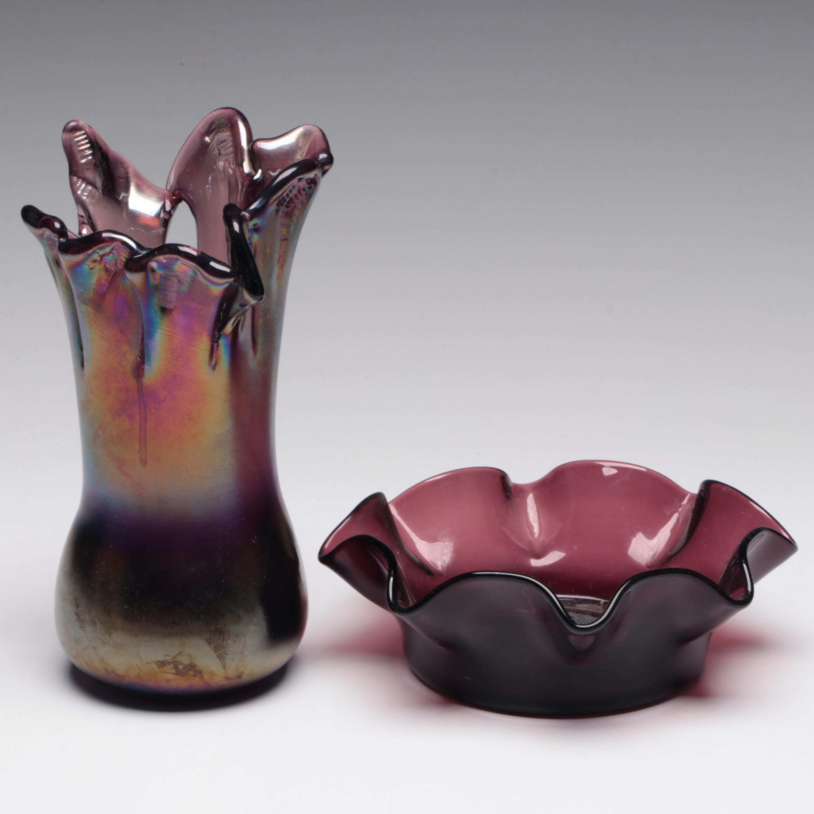 Blown Glass Iridescent Swing Vase with Amethyst Glass Ruffled Edge Bowl
