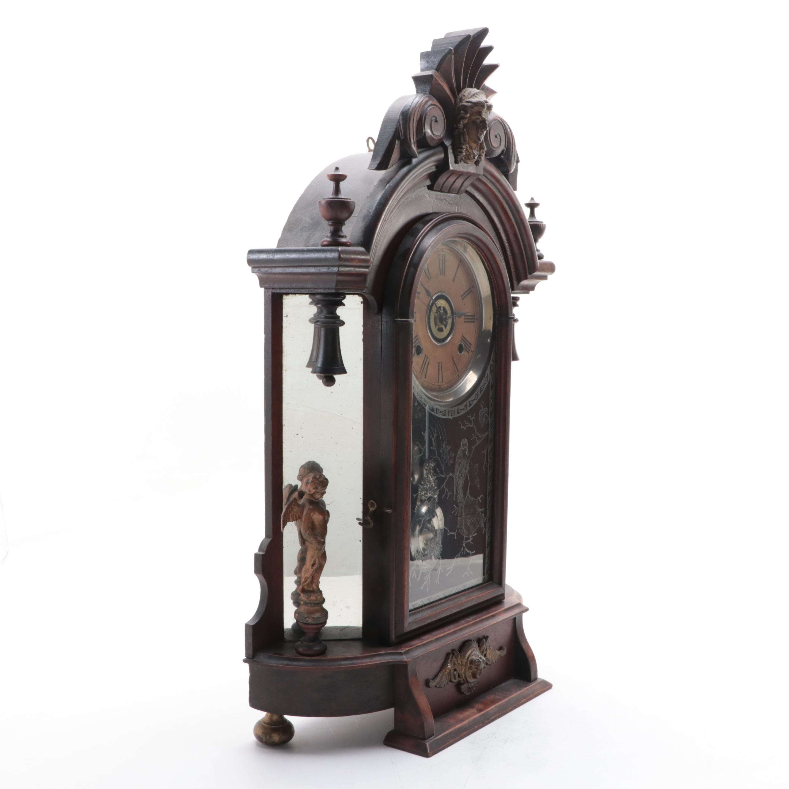 Ansonia Wood and Etched Glass 8 Day Wall Clock