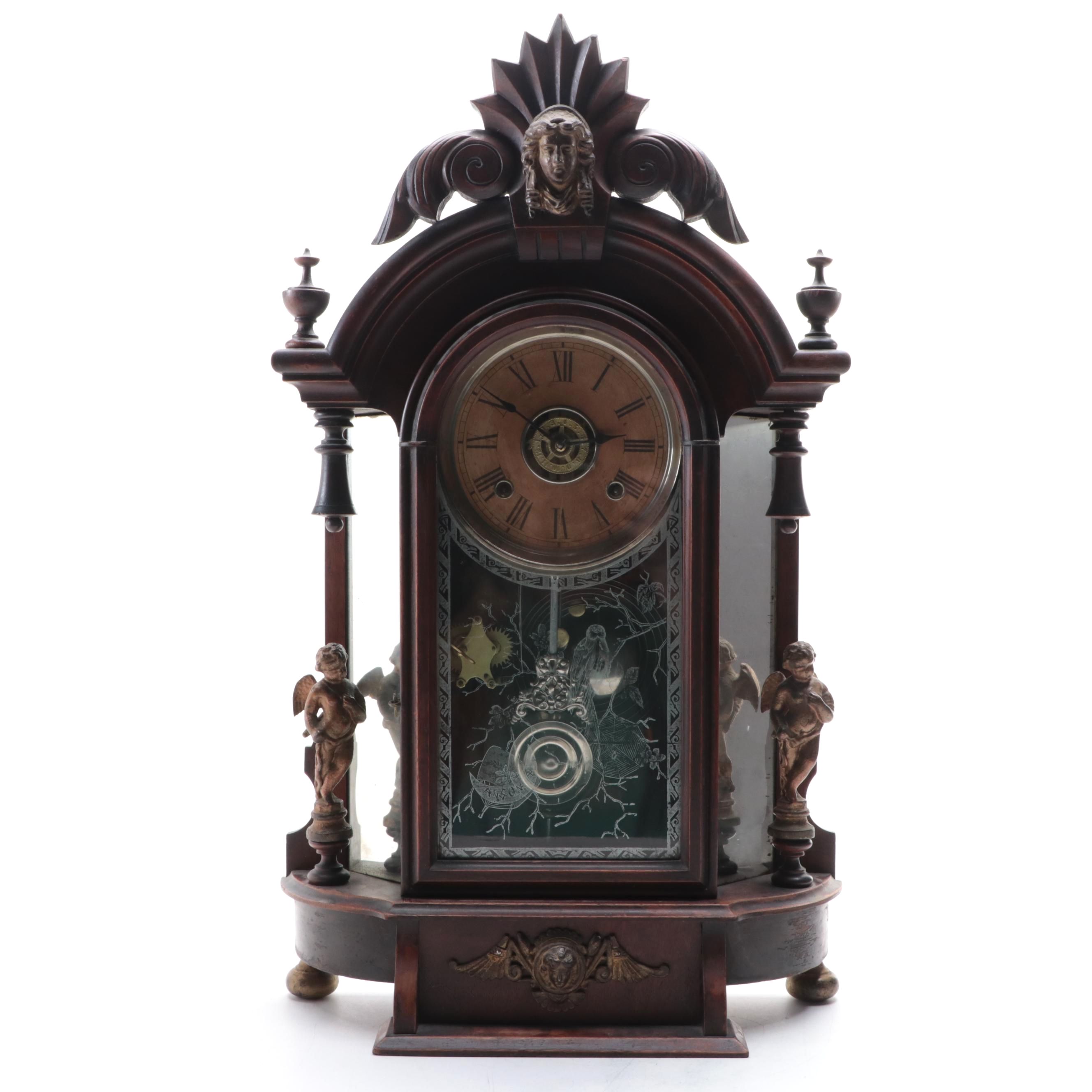 Ansonia Wood and Etched Glass 8 Day Wall Clock