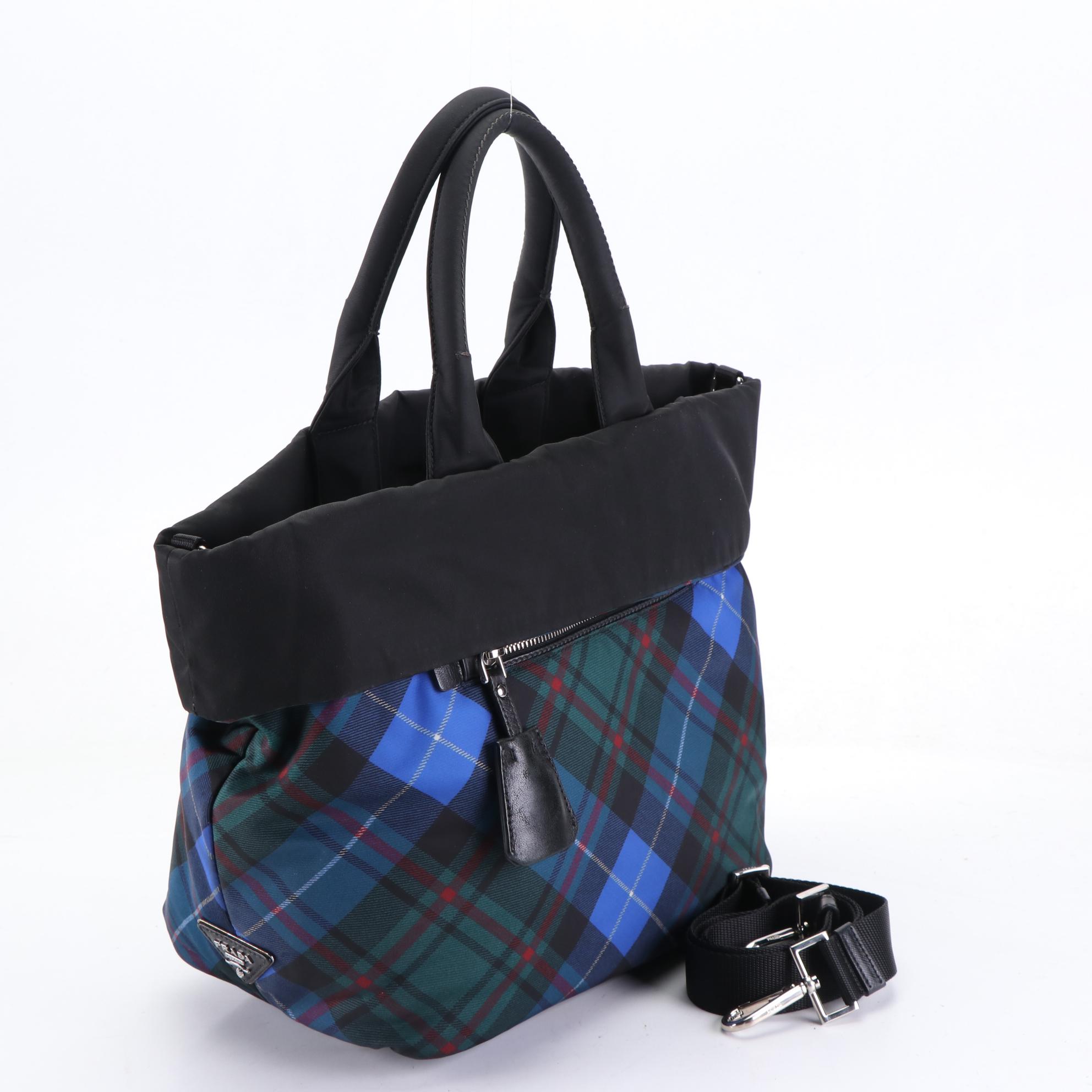 Prada Black and Plaid Printed Tessuto Nylon Reversible Two-Way Tote Bag