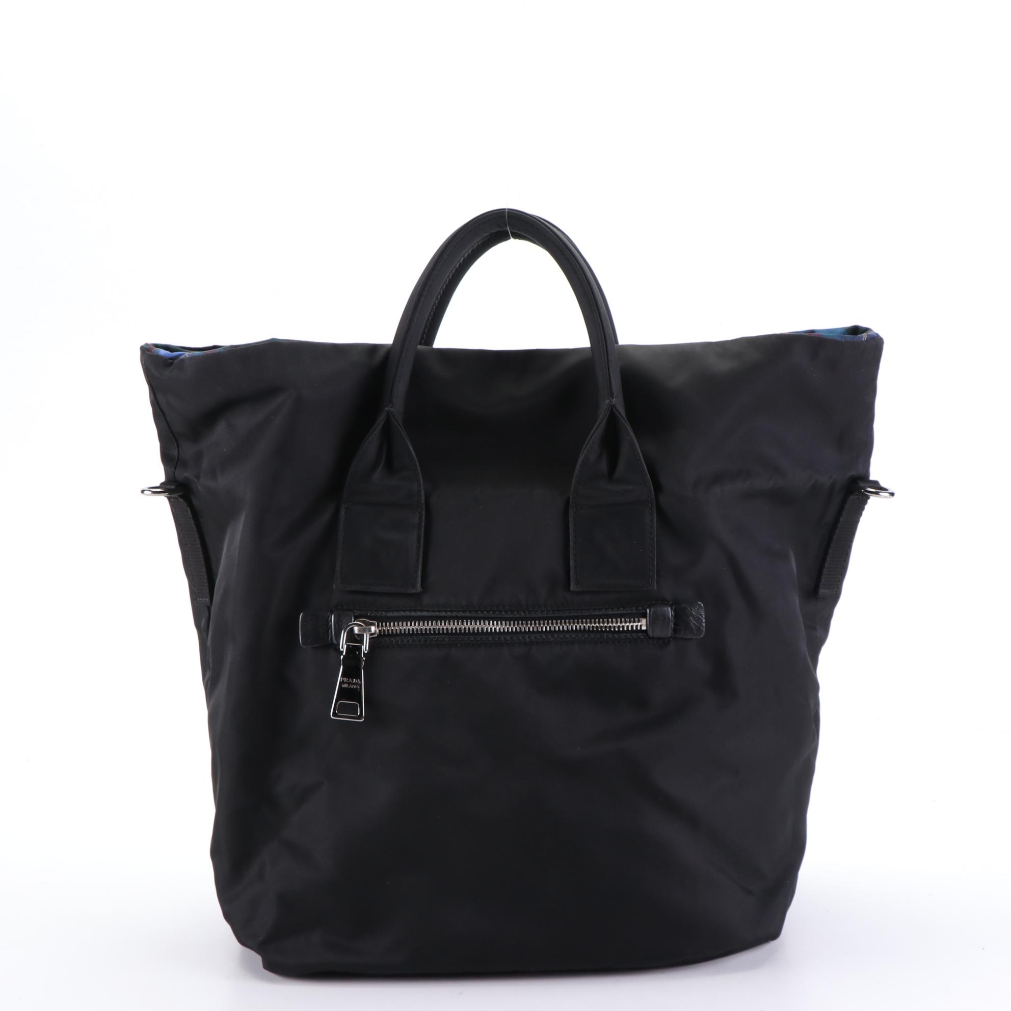 Prada Black and Plaid Printed Tessuto Nylon Reversible Two-Way Tote Bag