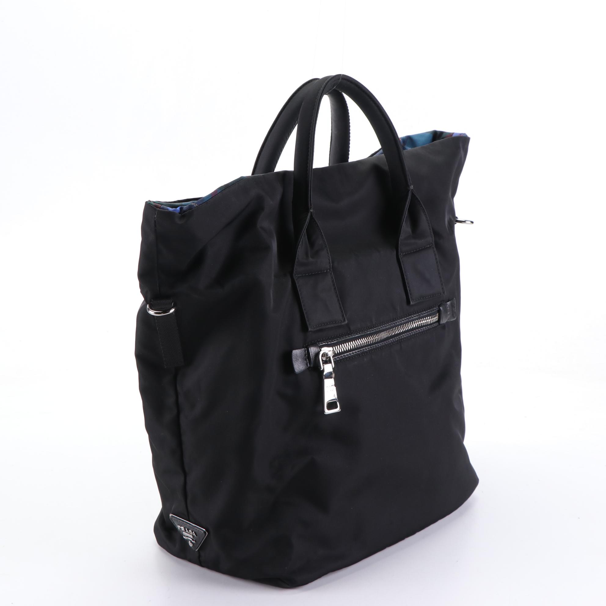 Prada Black and Plaid Printed Tessuto Nylon Reversible Two-Way Tote Bag