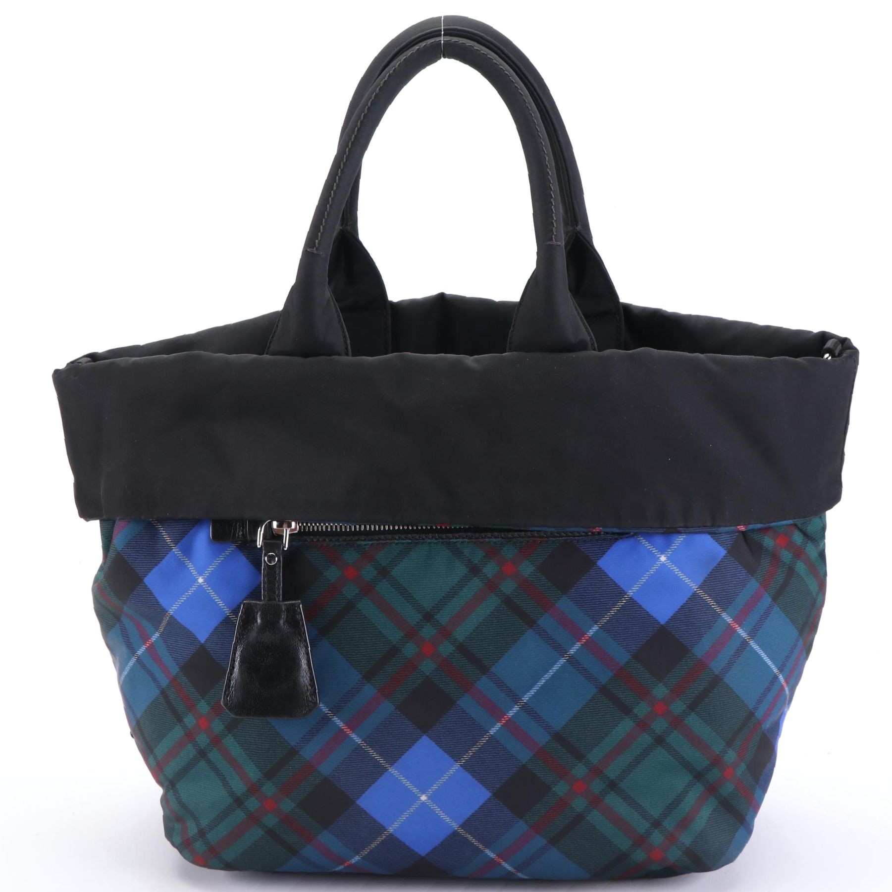 Prada Black and Plaid Printed Tessuto Nylon Reversible Two-Way Tote Bag