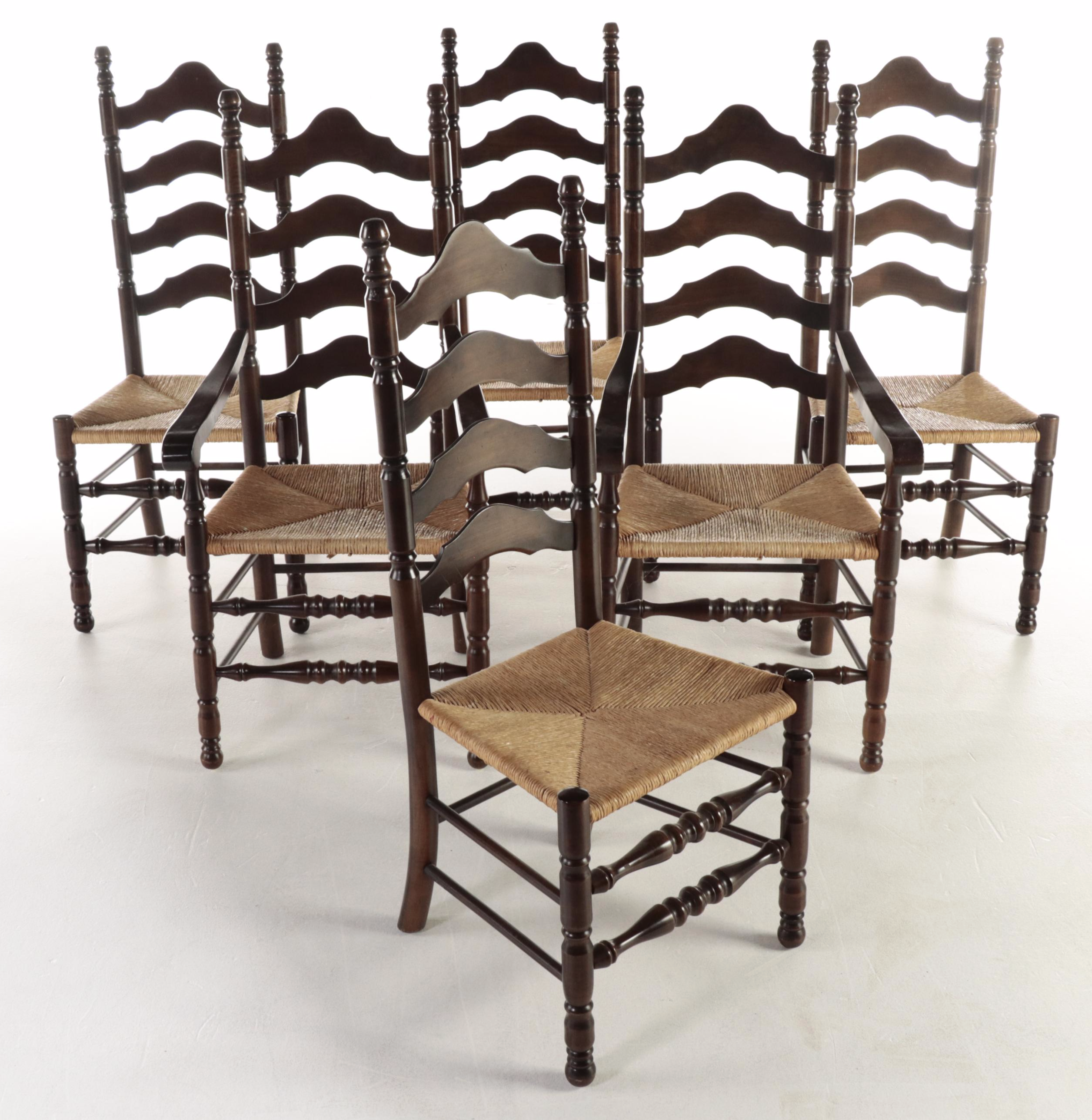 Early American Style Pine Dining Table and Six Ladderback Chairs