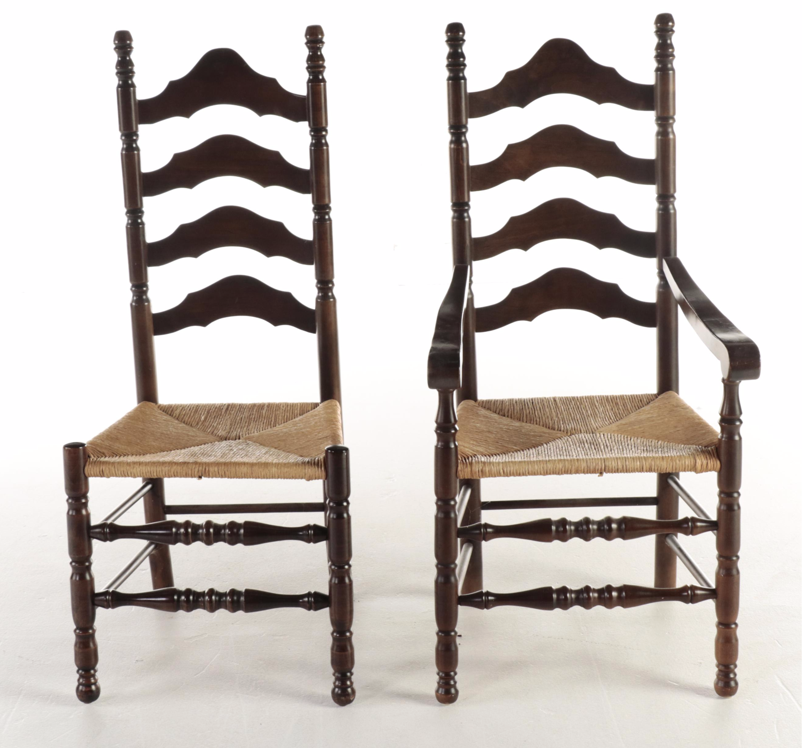 Early American Style Pine Dining Table and Six Ladderback Chairs