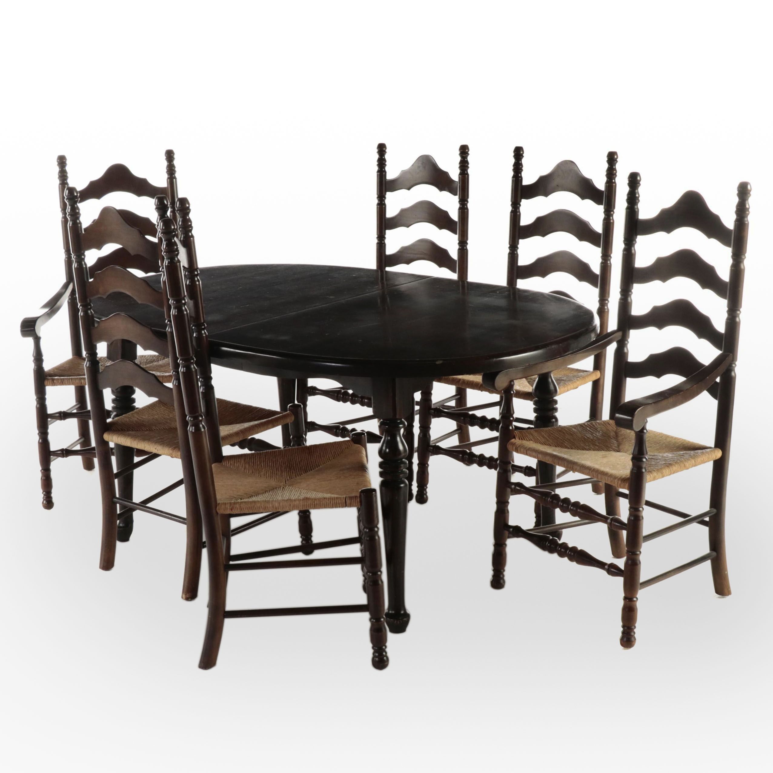Early American Style Pine Dining Table and Six Ladderback Chairs