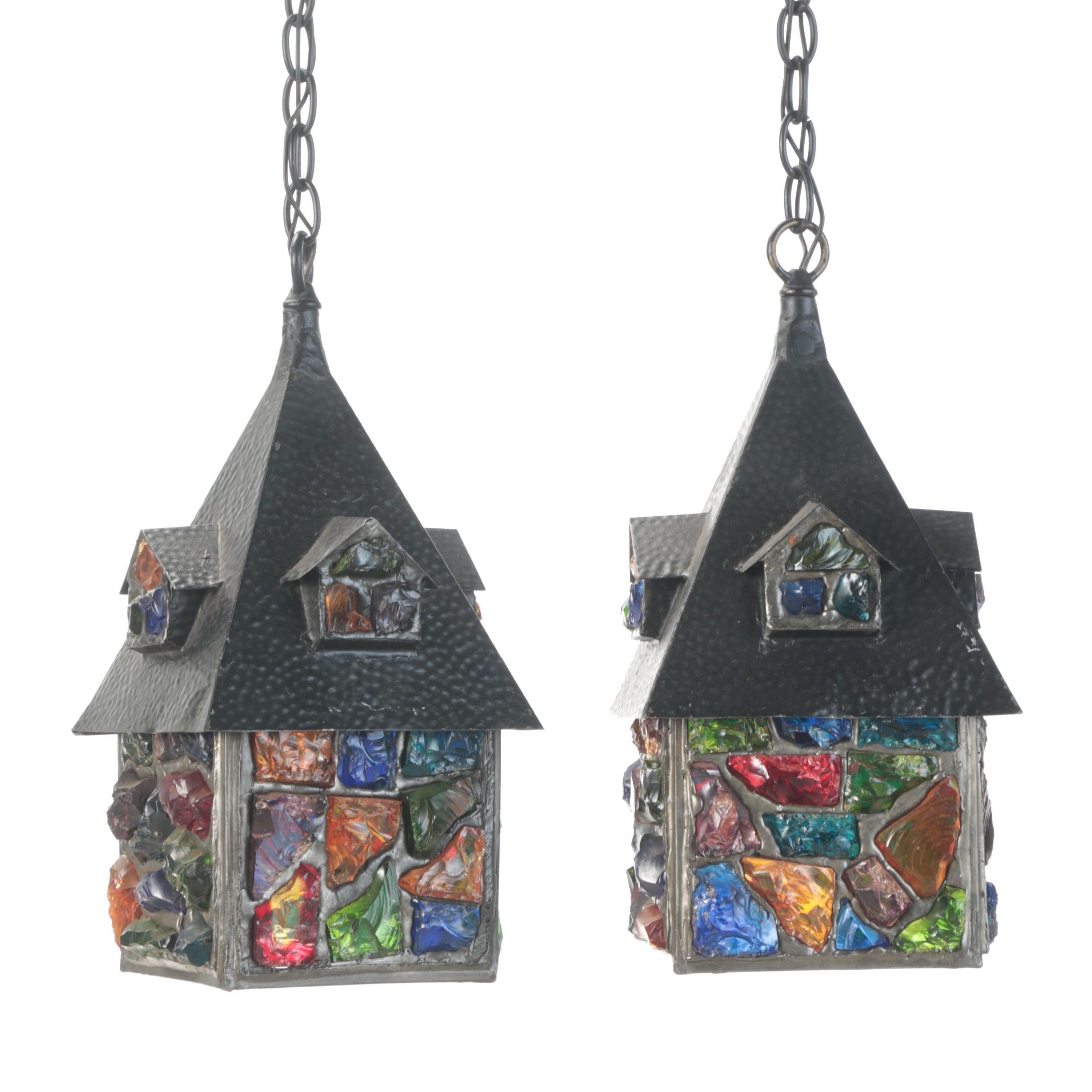 Pair of Peter Marsh Stone Patio Pendant Lights With Chunky Colored Glass