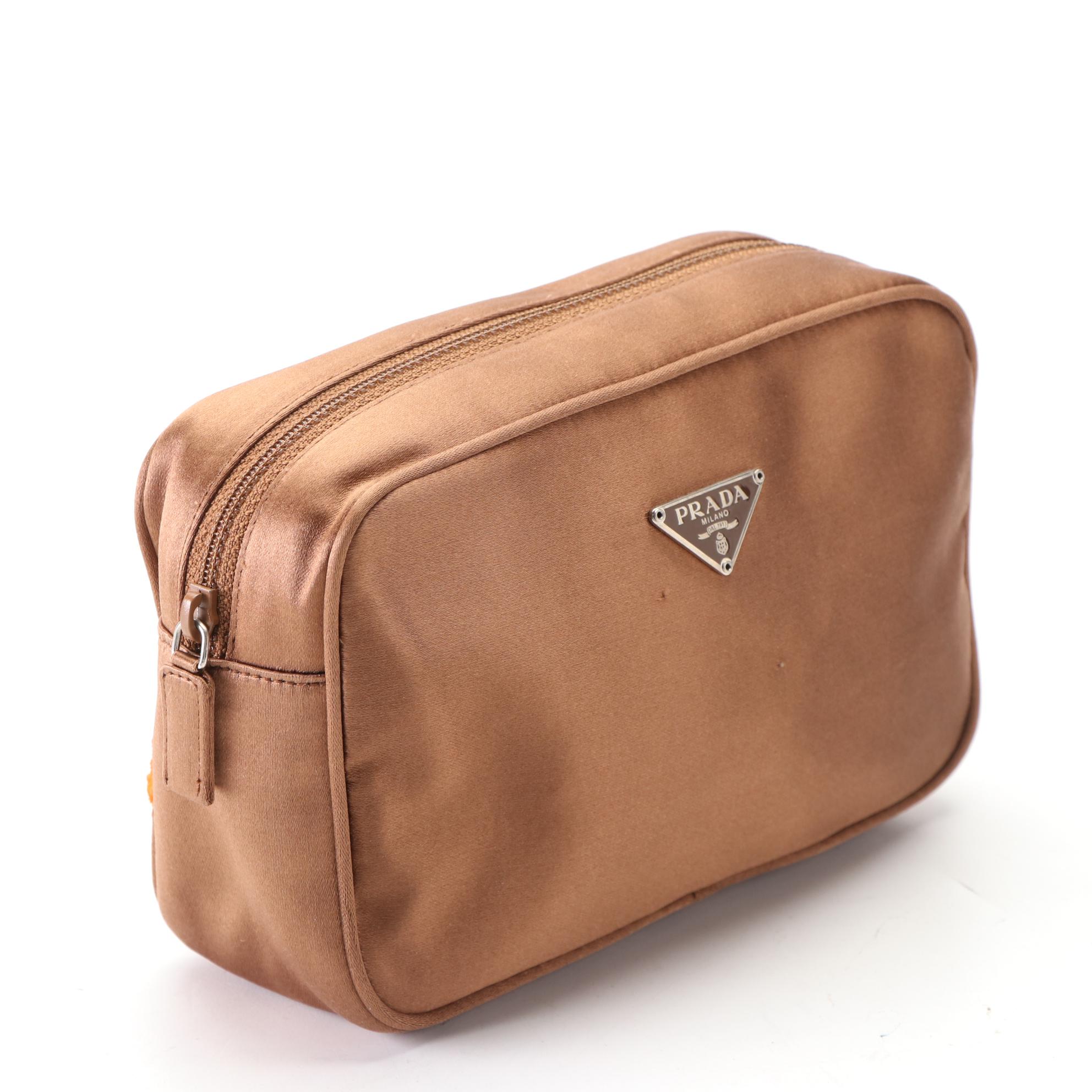Prada Brown Satin Logo Cosmetic Zip Pouch