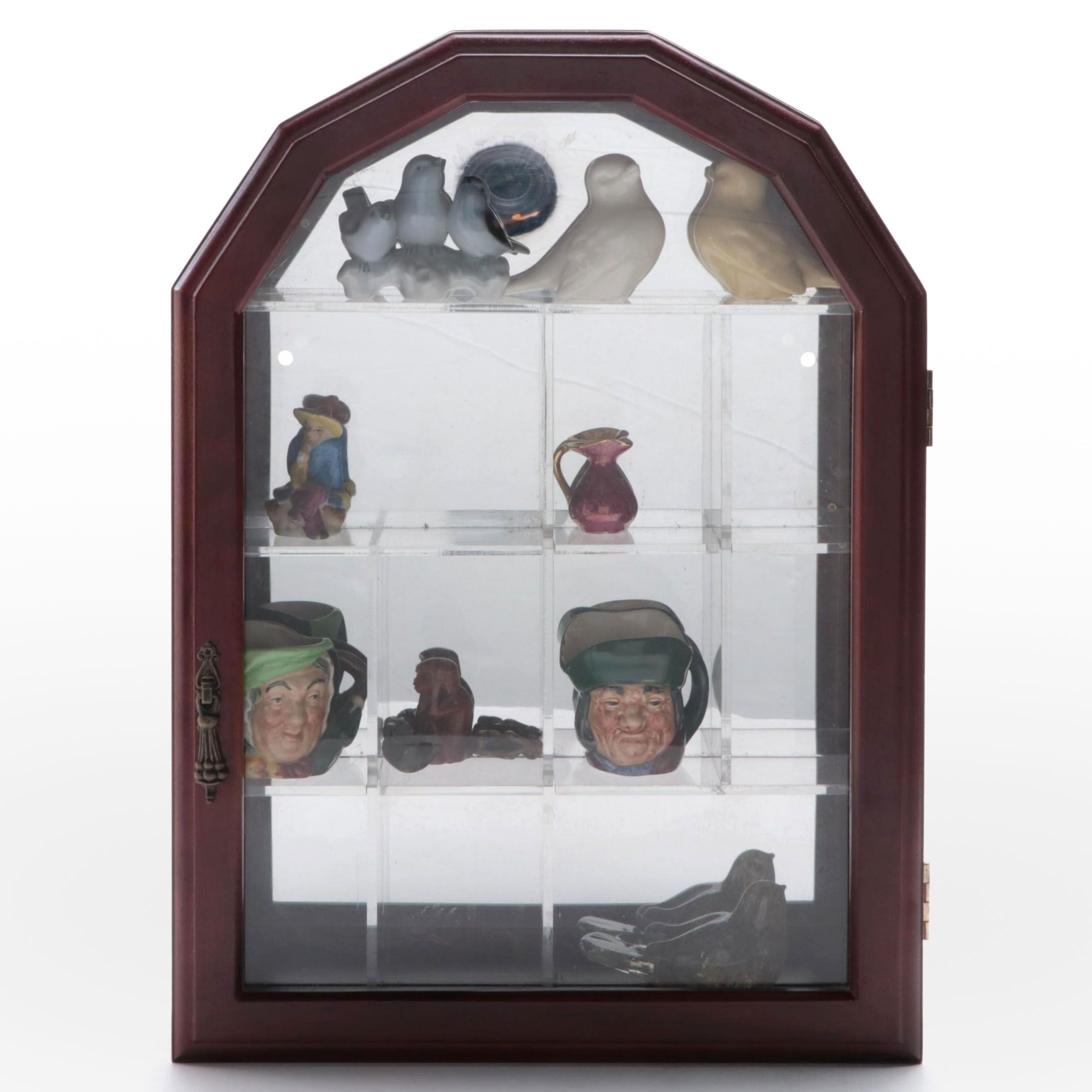 Wooden Wall-Mount Mirrored-Back Display Case with Toby Jugs and More