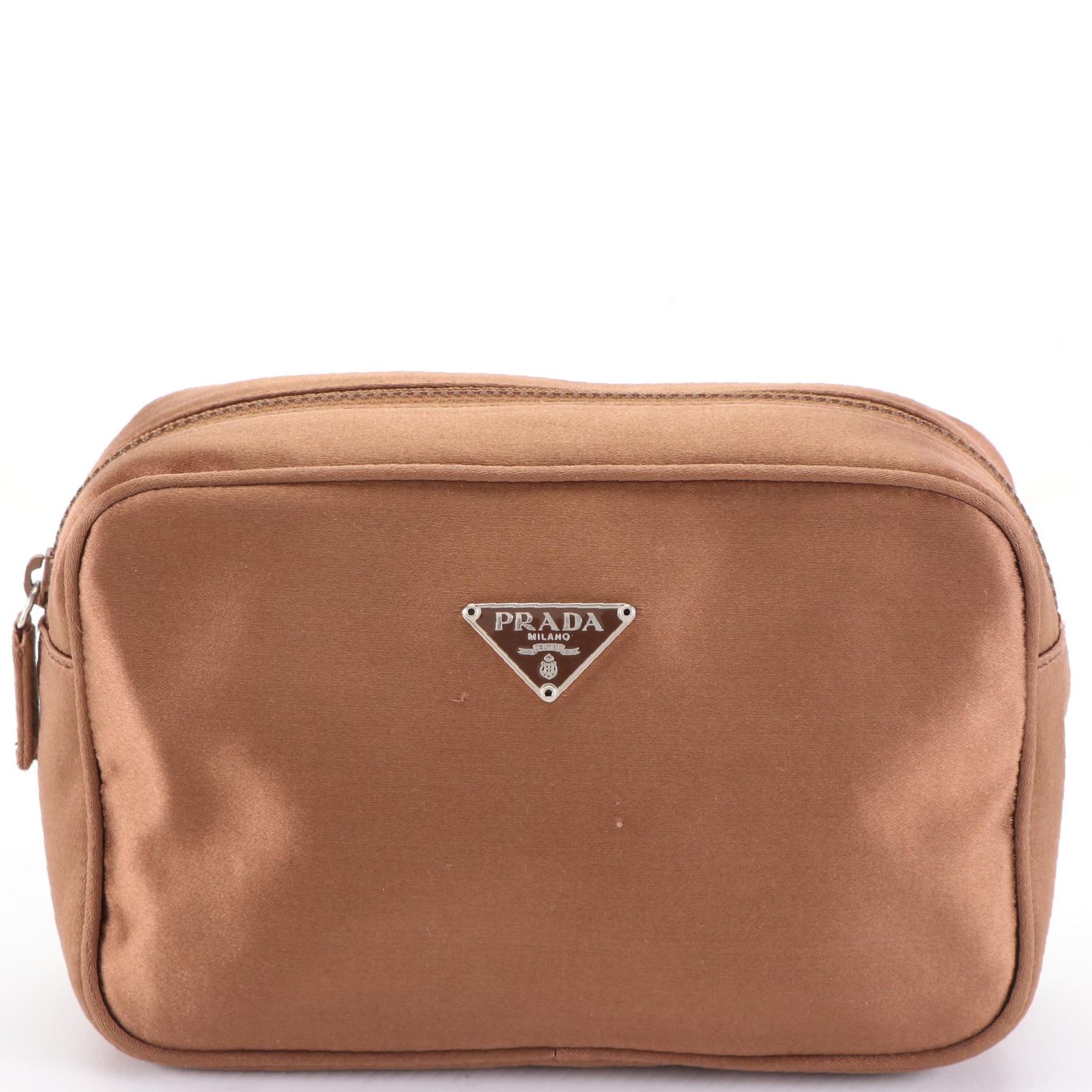 Prada Brown Satin Logo Cosmetic Zip Pouch