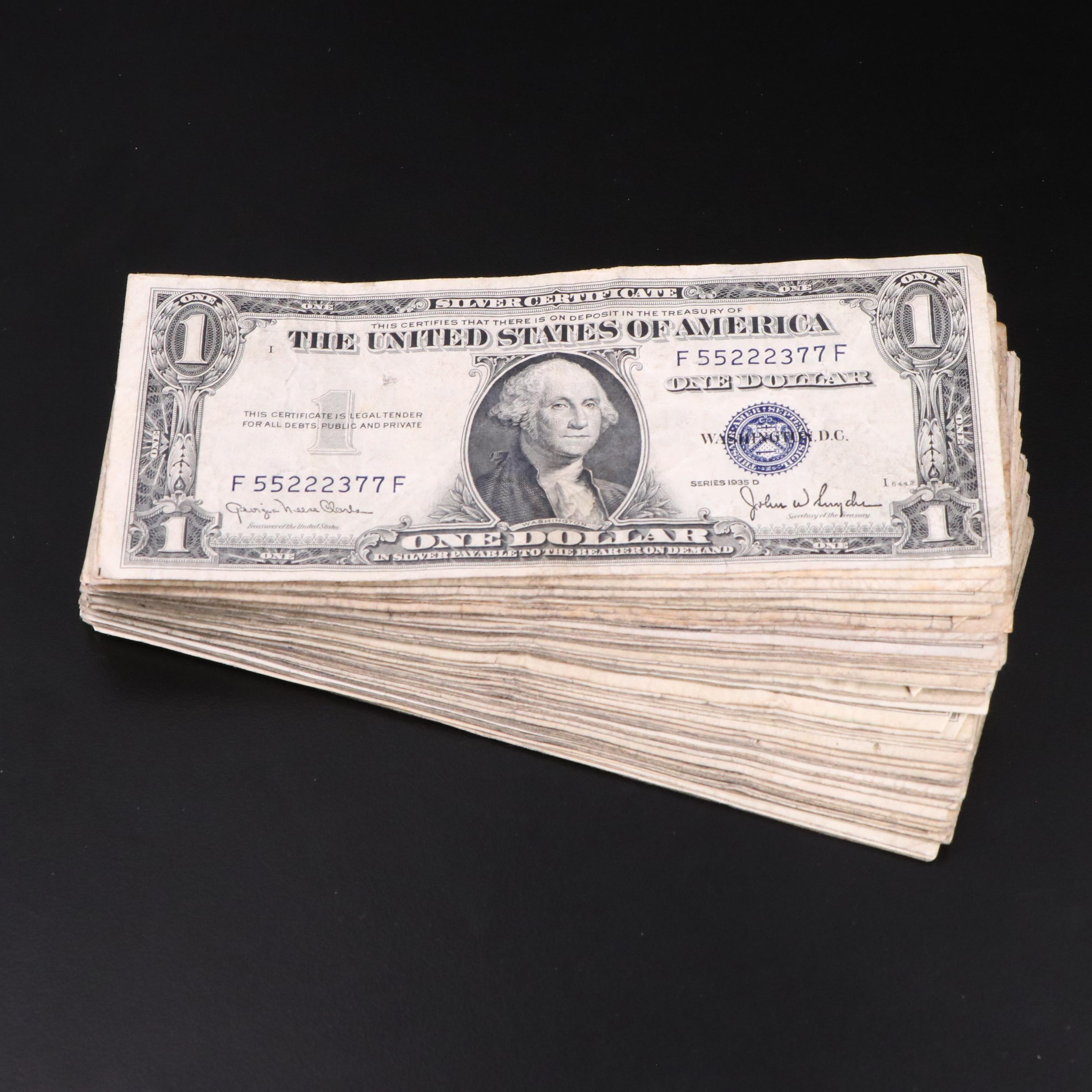 Group of Seventy-Two Circulated One Dollar Silver Certificates