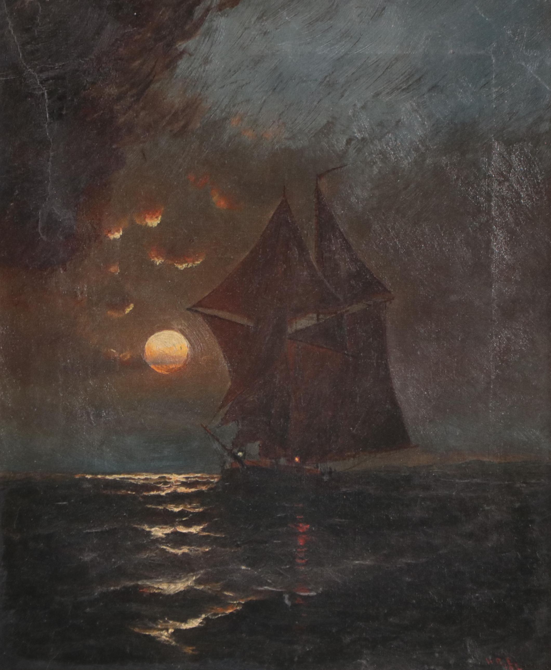 H. R. E. Nocturne Nautical Scene Oil Painting, 1885