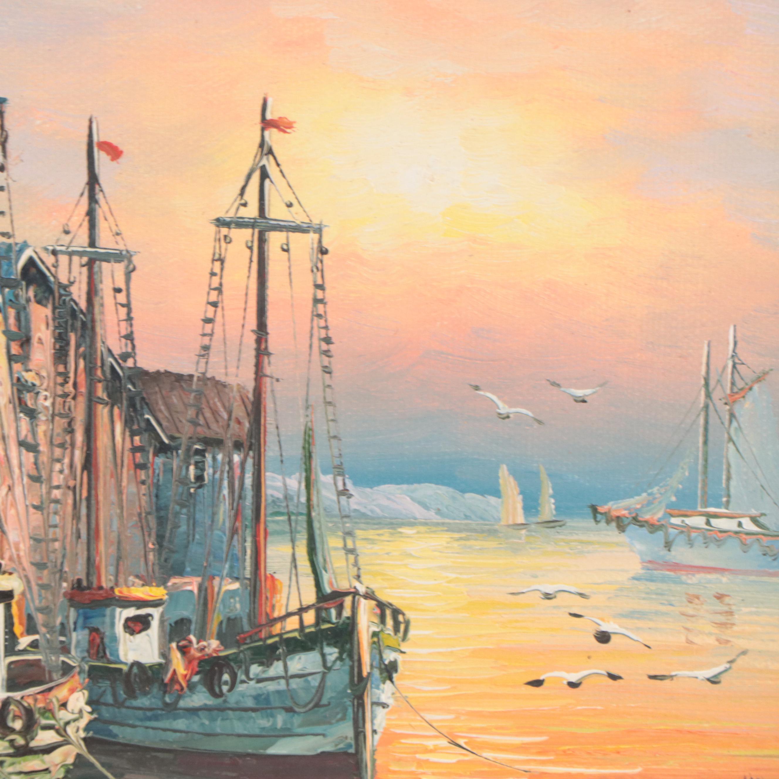 W. Sherman Oil Painting of Sunset Harbor Scene | EBTH