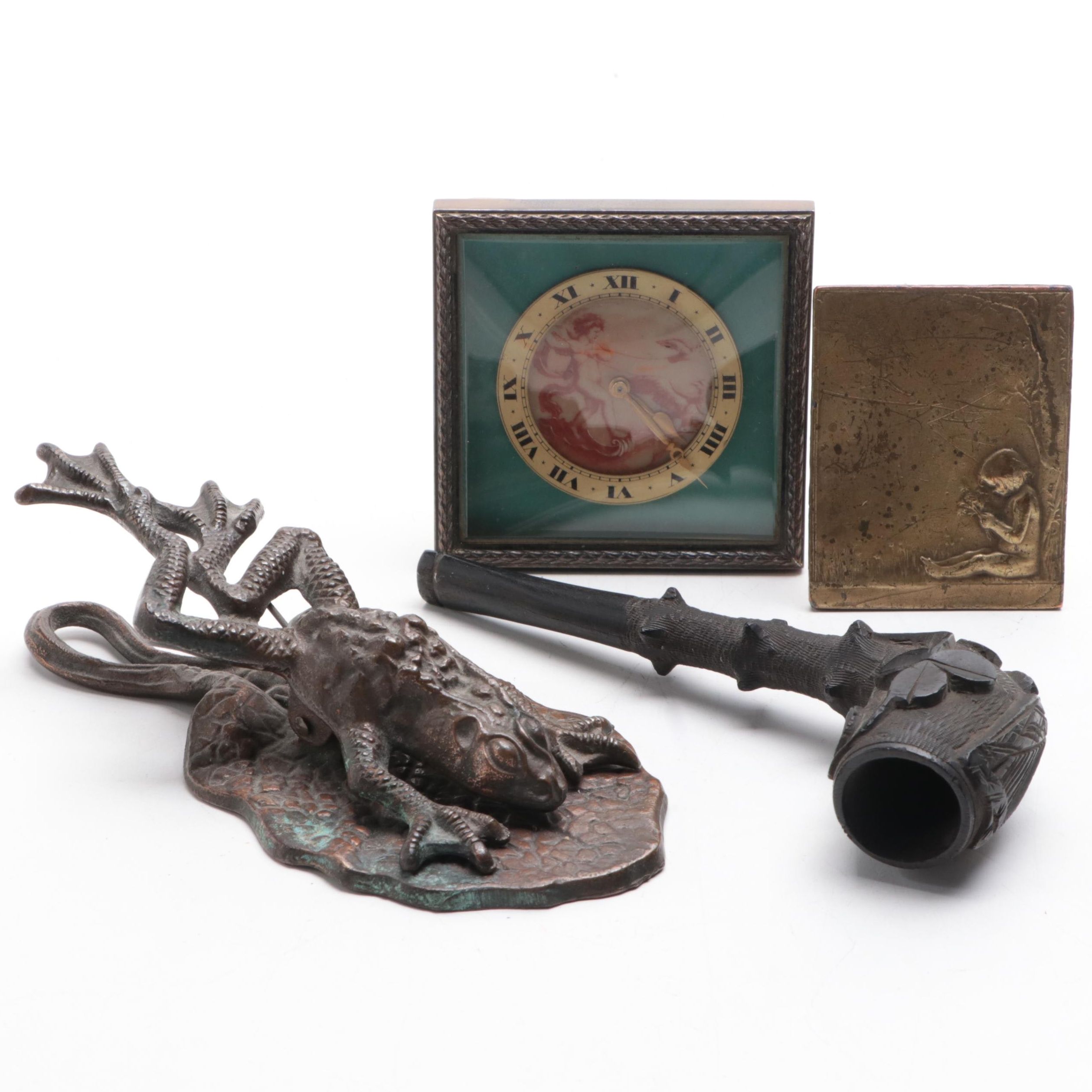 Bronze Frog Paper Clip, 935 Silver Desk Clock, Brass Belt Buckle, Tobacco Pipe
