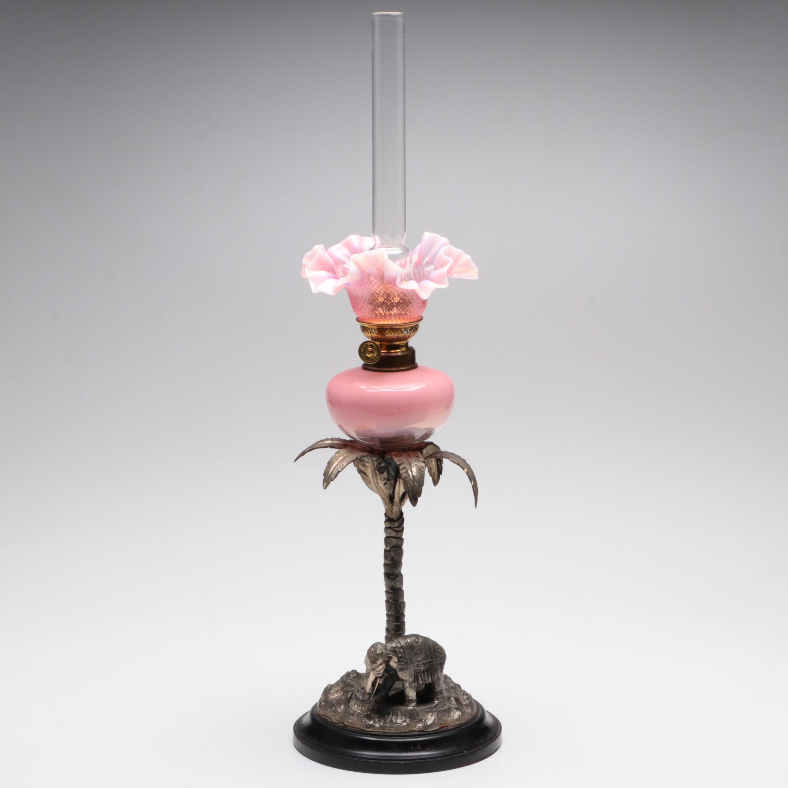 French Cast Metal Elephant Candlestick & Pink Glass Peg Lamp, Early/ Mid-20th C
