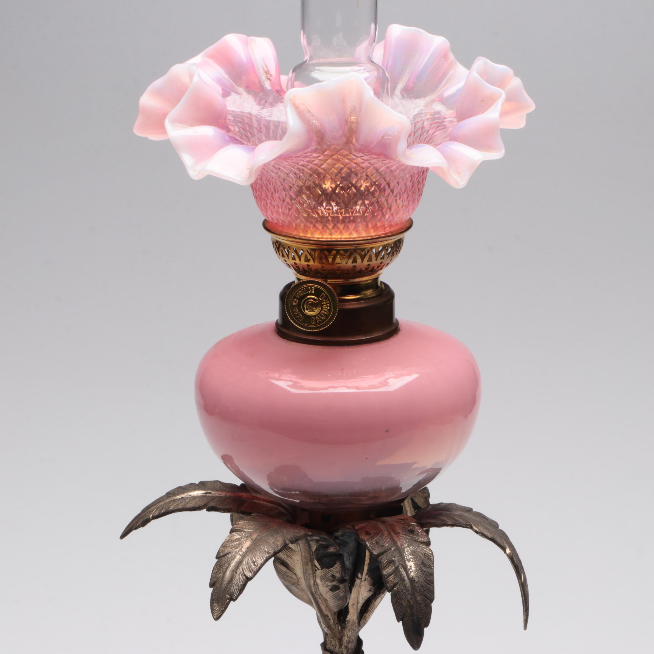 French Cast Metal Elephant Candlestick & Pink Glass Peg Lamp, Early/ Mid-20th C