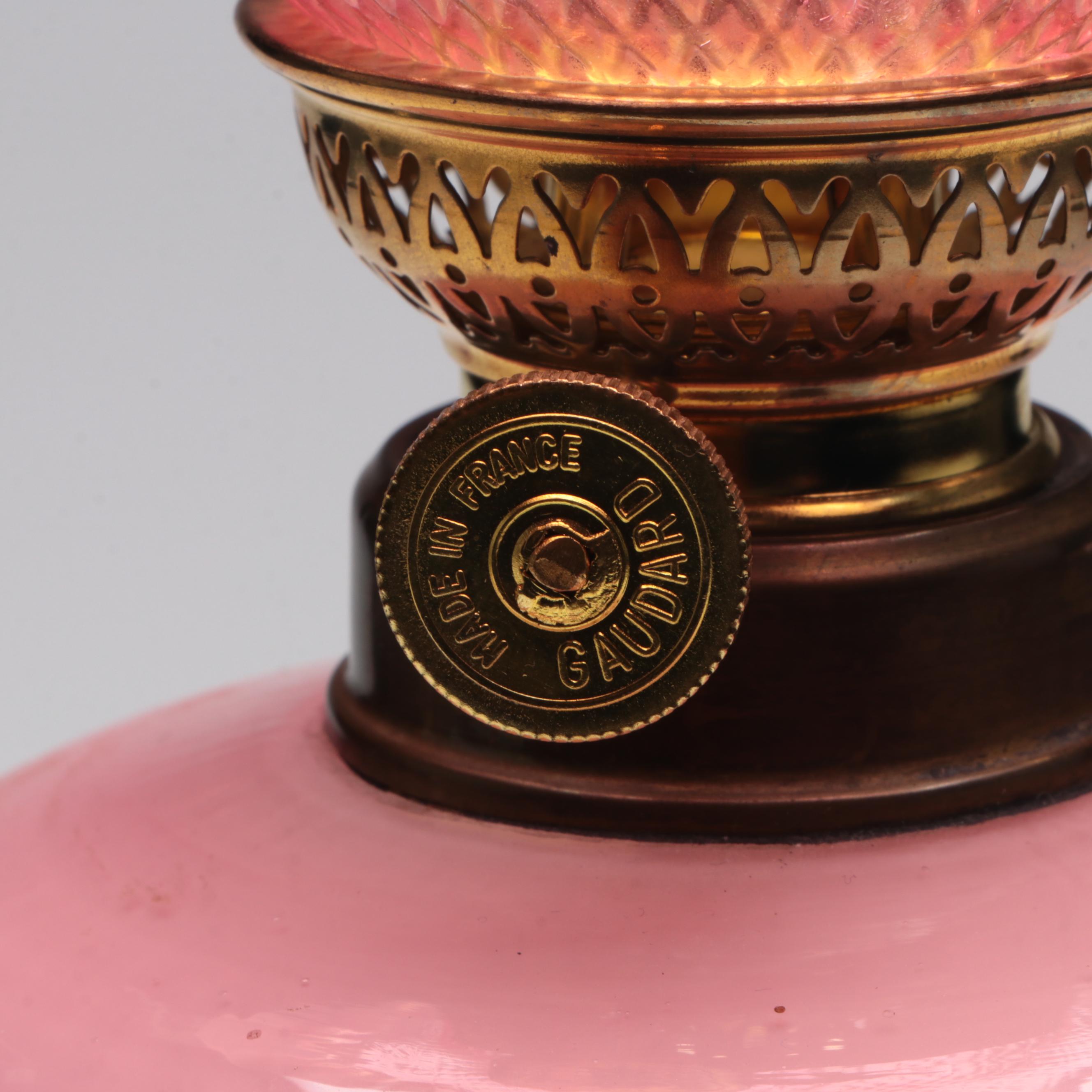 French Cast Metal Elephant Candlestick & Pink Glass Peg Lamp, Early/ Mid-20th C