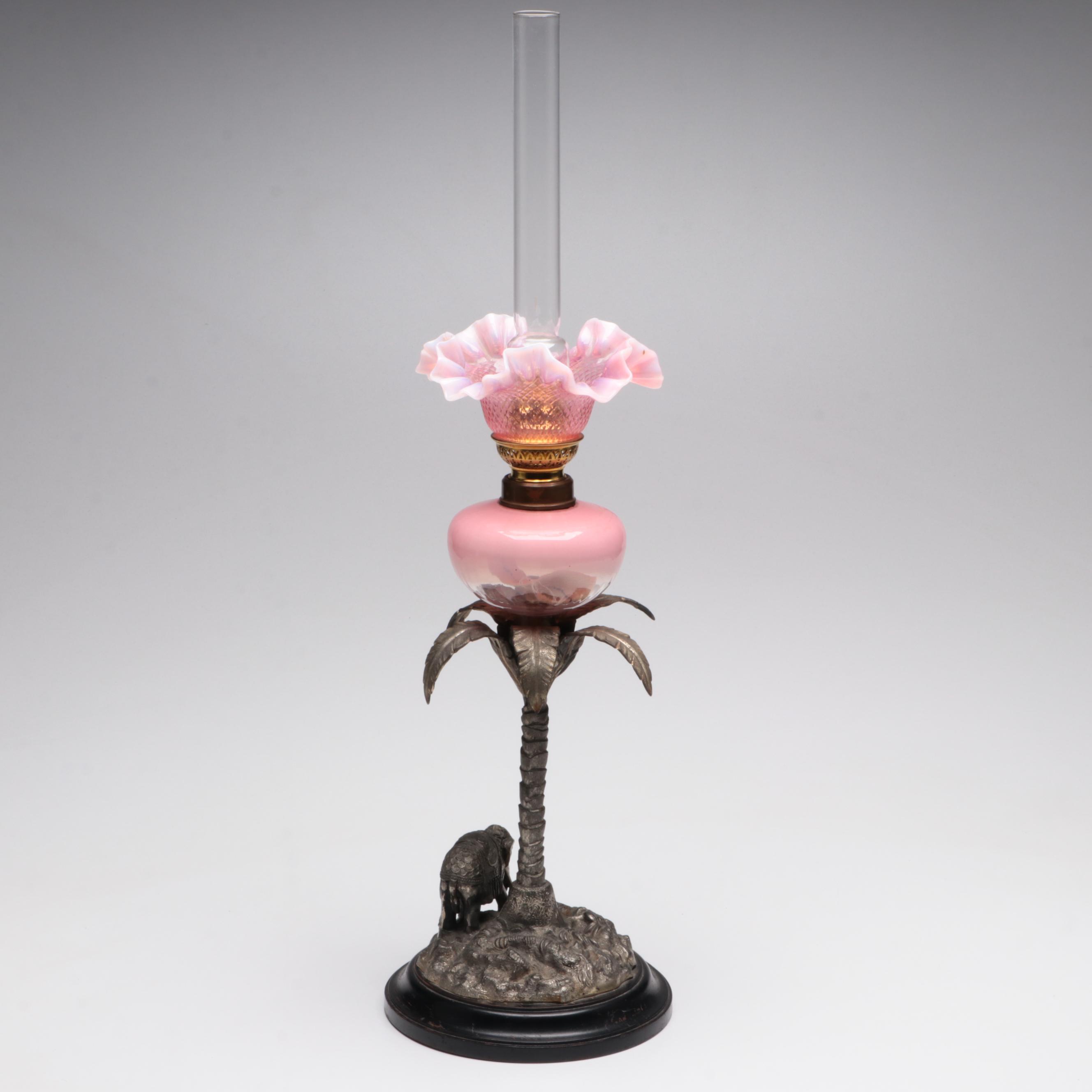 French Cast Metal Elephant Candlestick & Pink Glass Peg Lamp, Early/ Mid-20th C