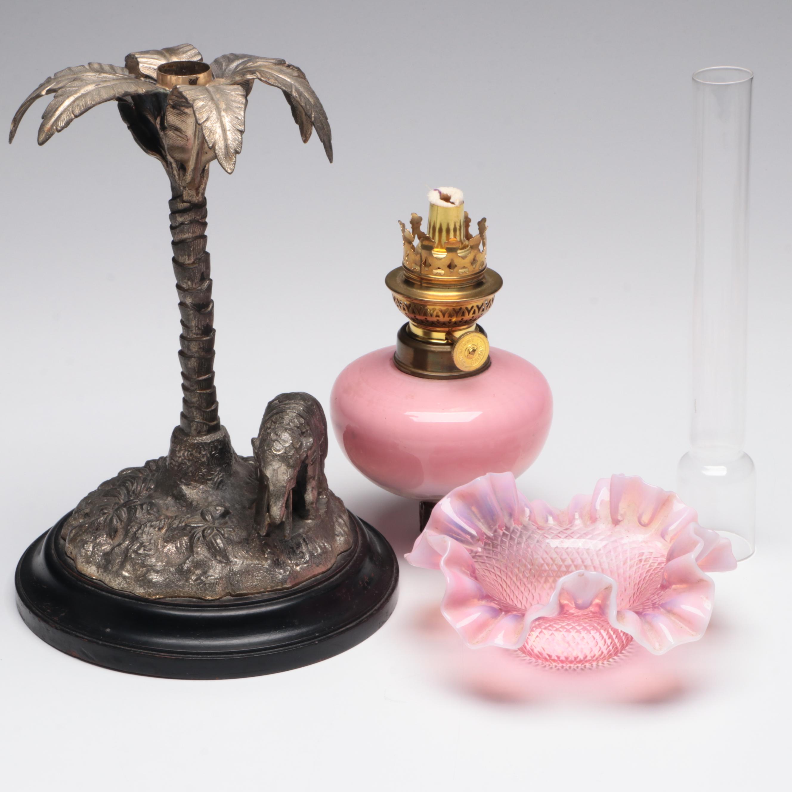 French Cast Metal Elephant Candlestick & Pink Glass Peg Lamp, Early/ Mid-20th C