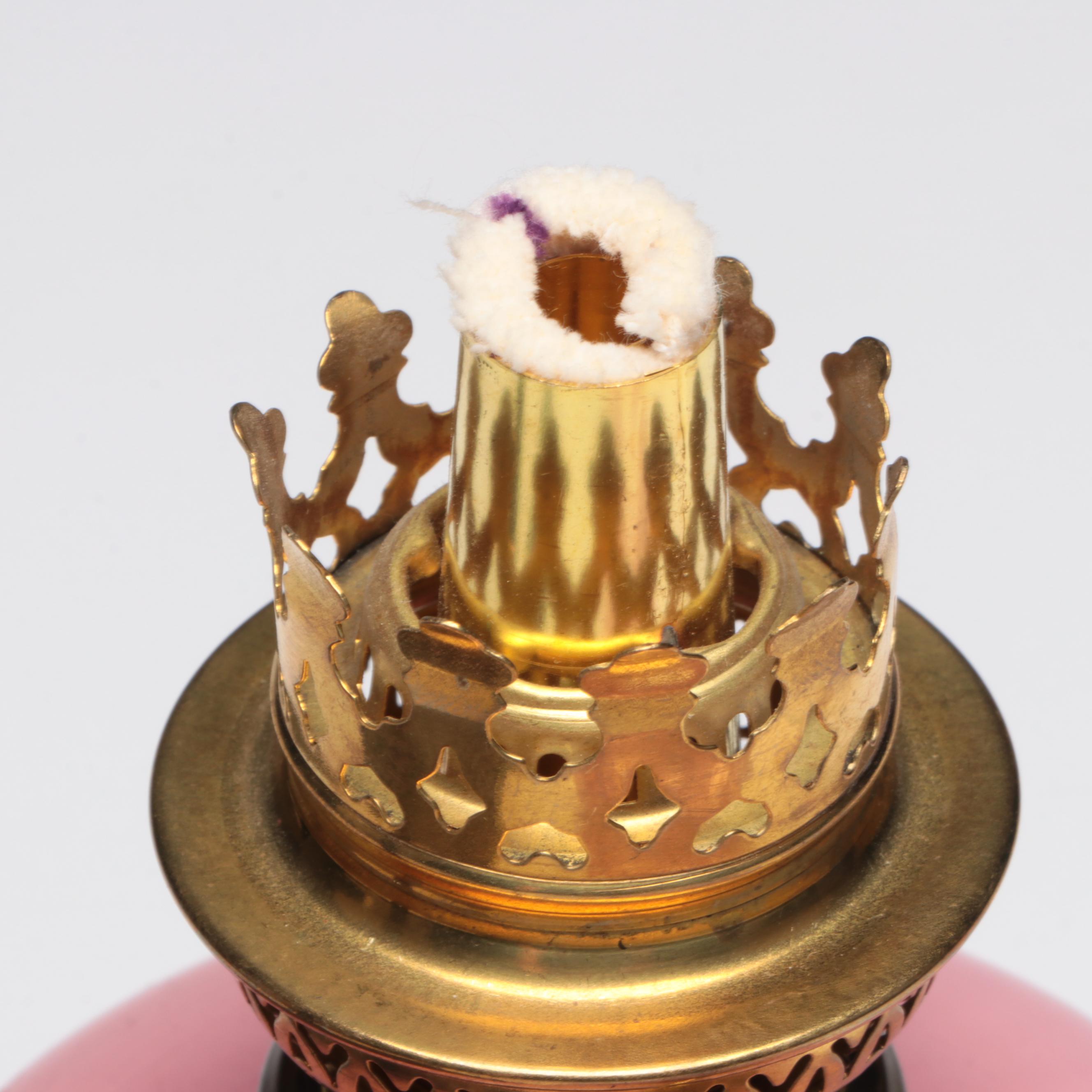 French Cast Metal Elephant Candlestick & Pink Glass Peg Lamp, Early/ Mid-20th C