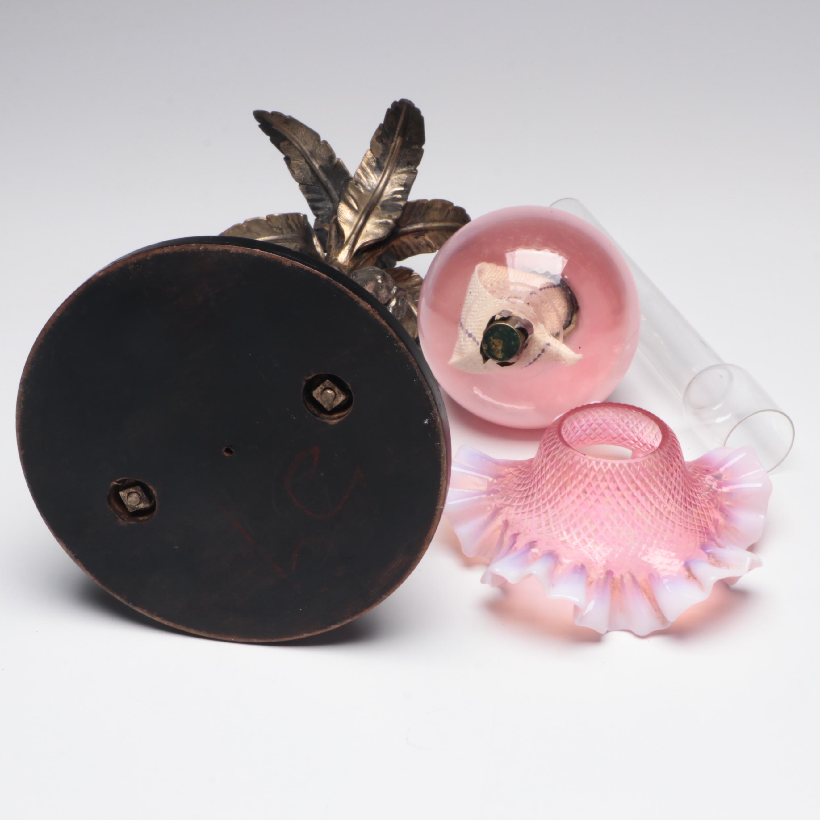 French Cast Metal Elephant Candlestick & Pink Glass Peg Lamp, Early/ Mid-20th C