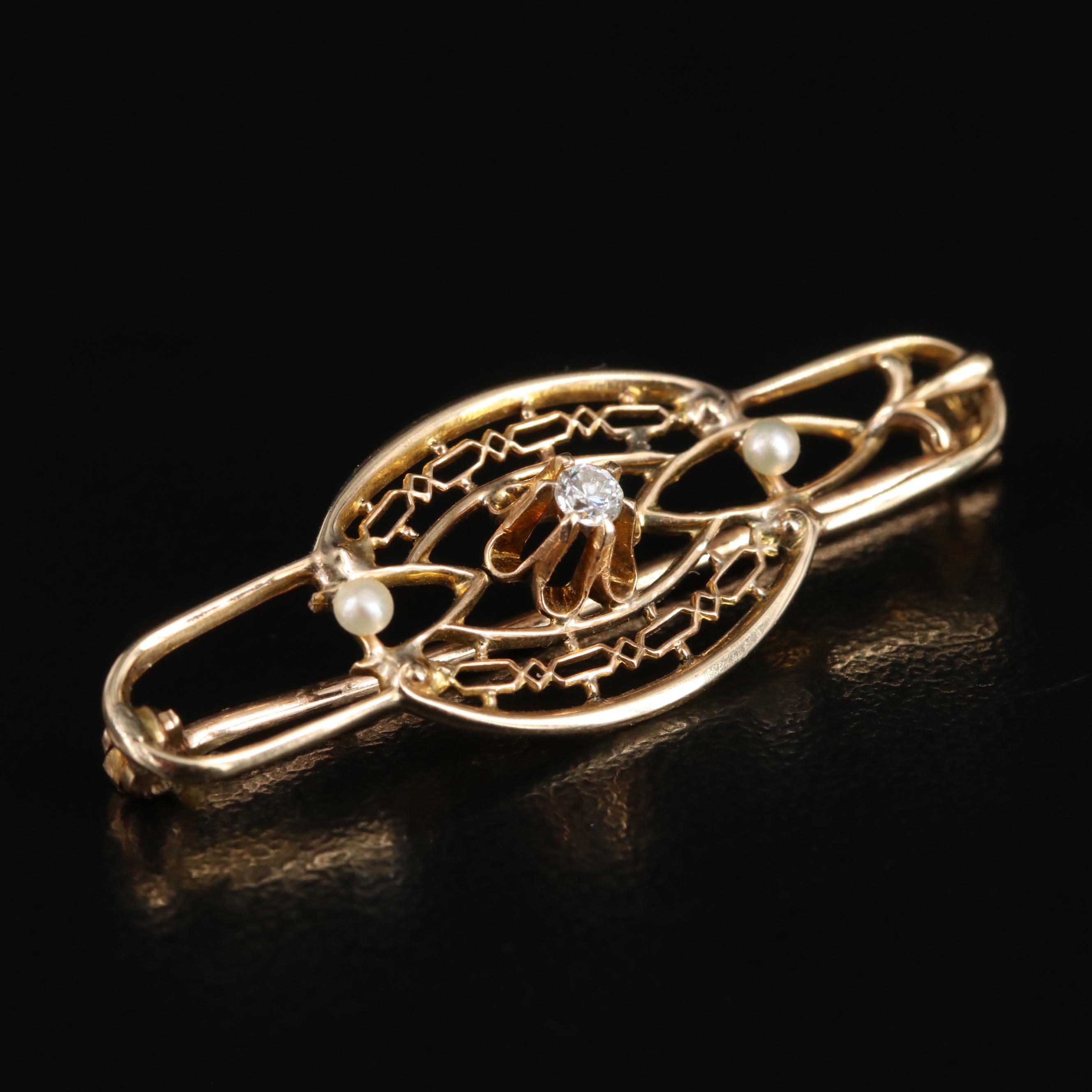 Kohn & Co. 10K Diamond and Seed Pearl Brooch