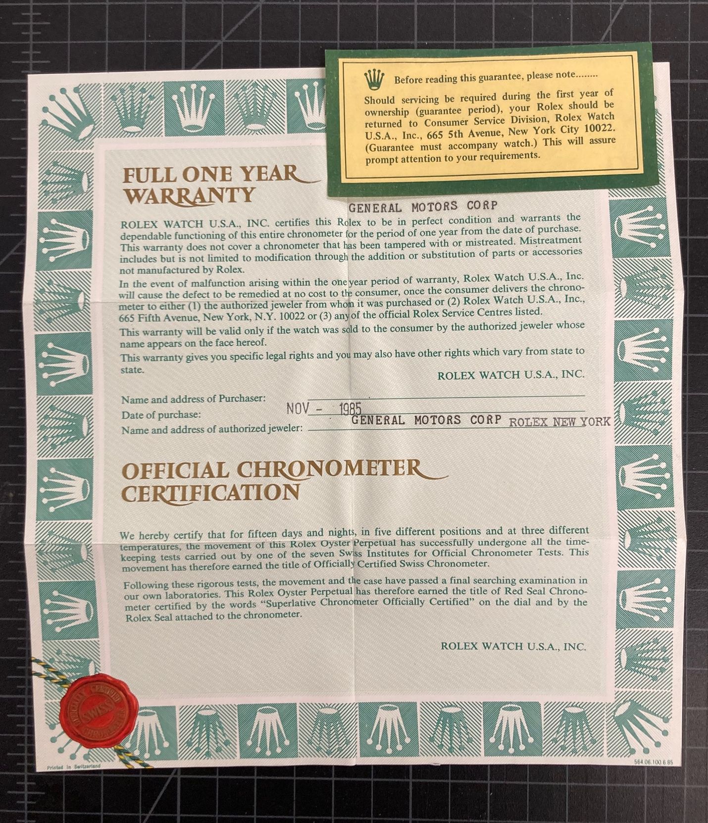 1985 18K Rolex Oyster Perpetual Date Buick Award Watch