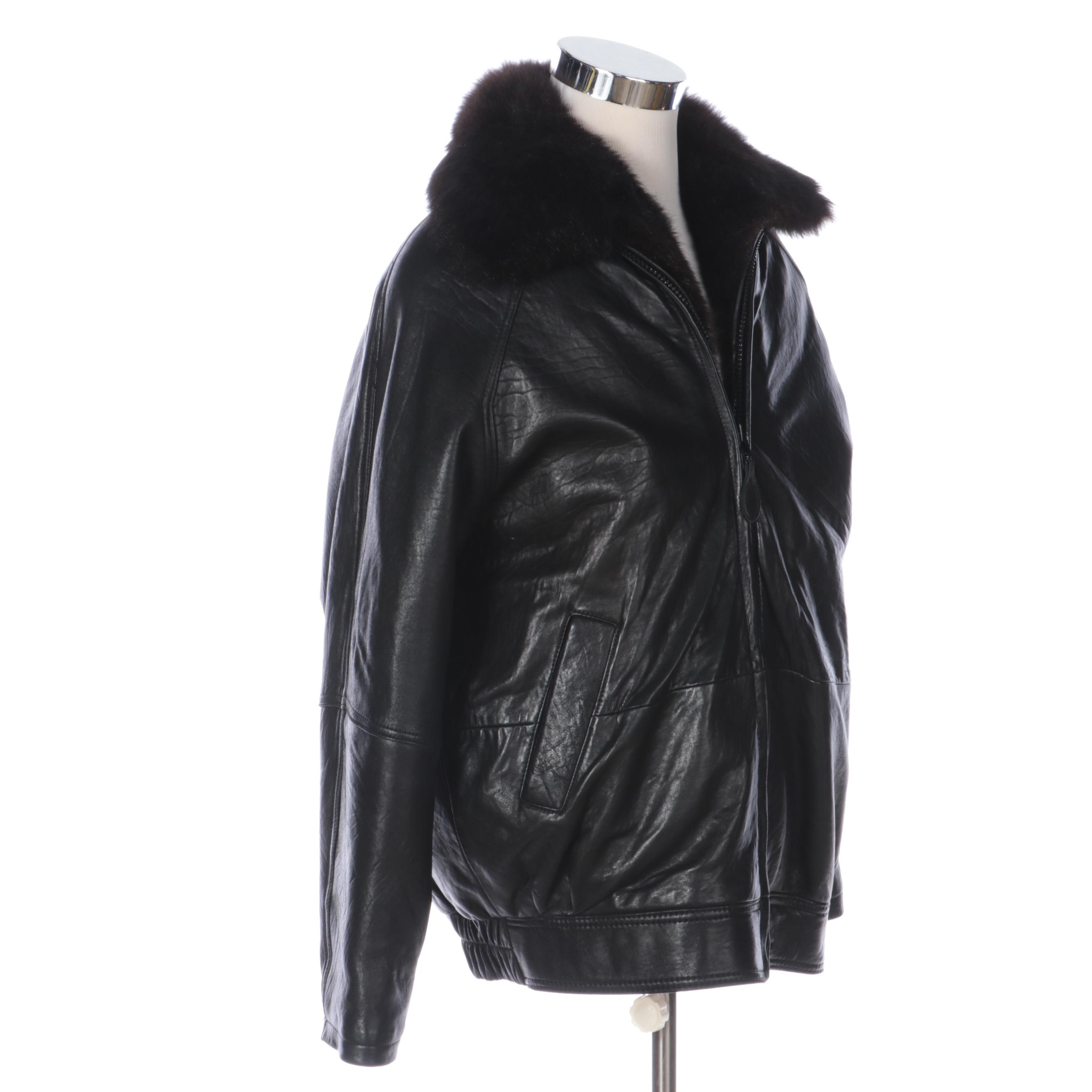 Andrew Marc Black Leather Coat with Removable Opossum Fur Vest