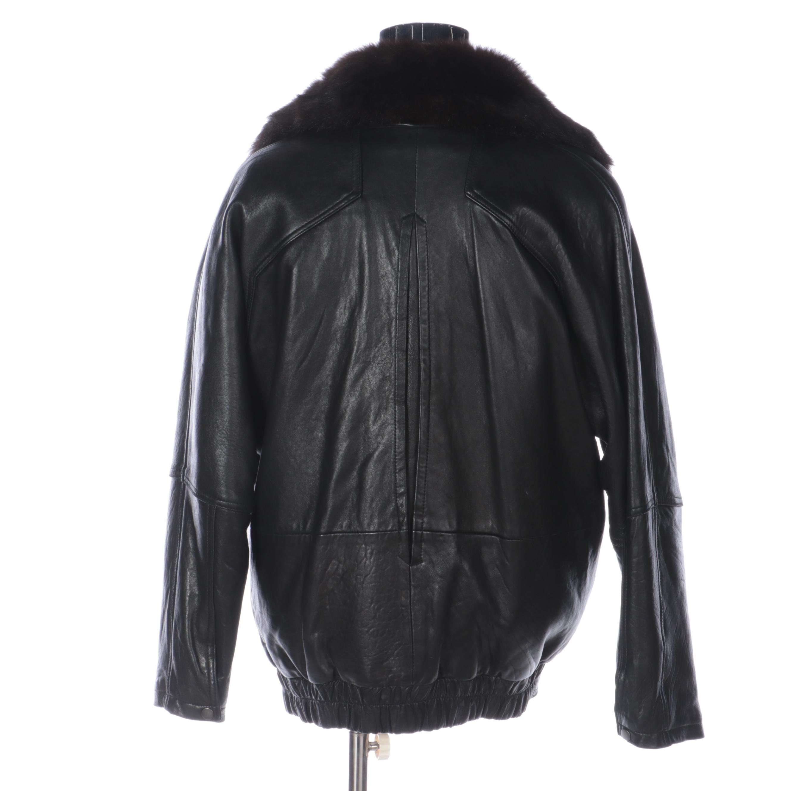 Andrew Marc Black Leather Coat with Removable Opossum Fur Vest
