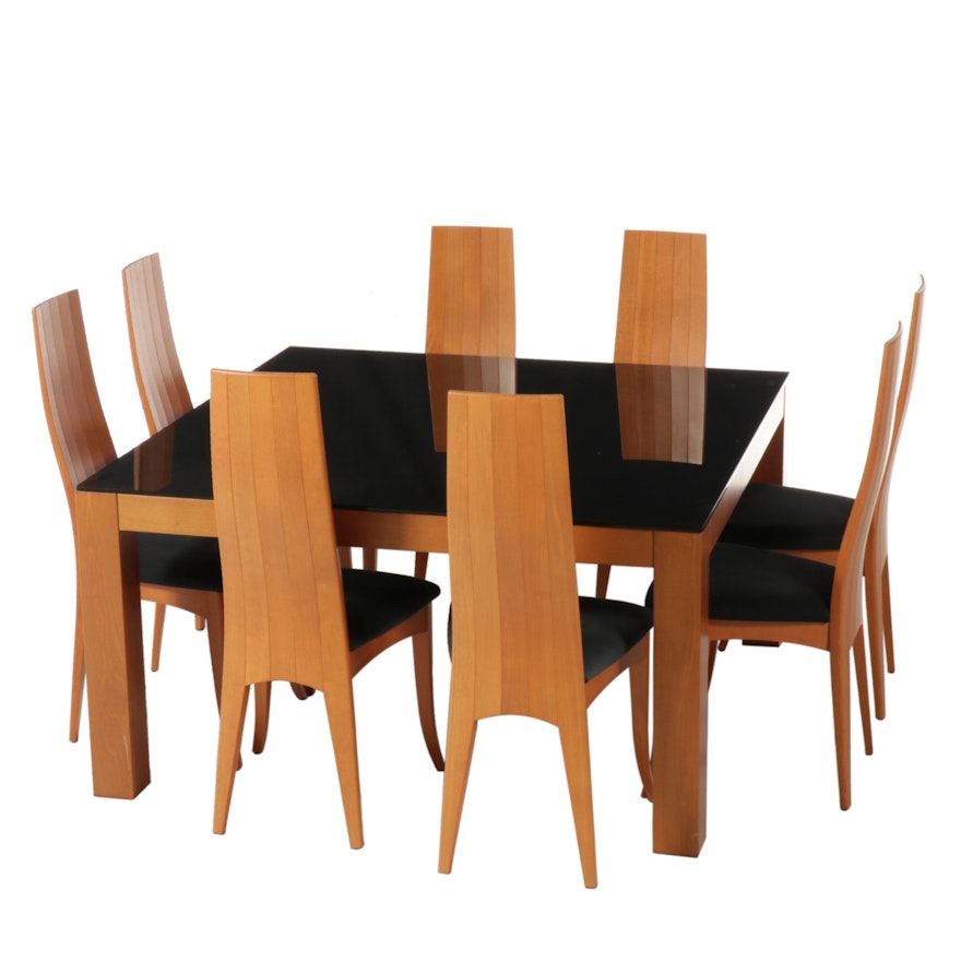 Italian Modern Style Tempered Glass Top Dining Table and Eight Chairs