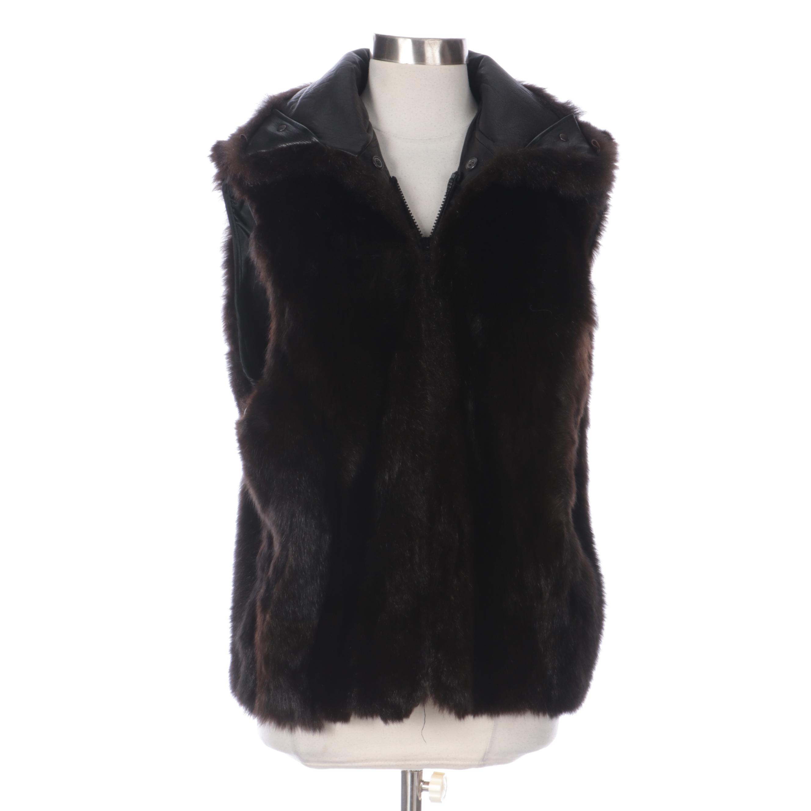 Andrew Marc Black Leather Coat with Removable Opossum Fur Vest