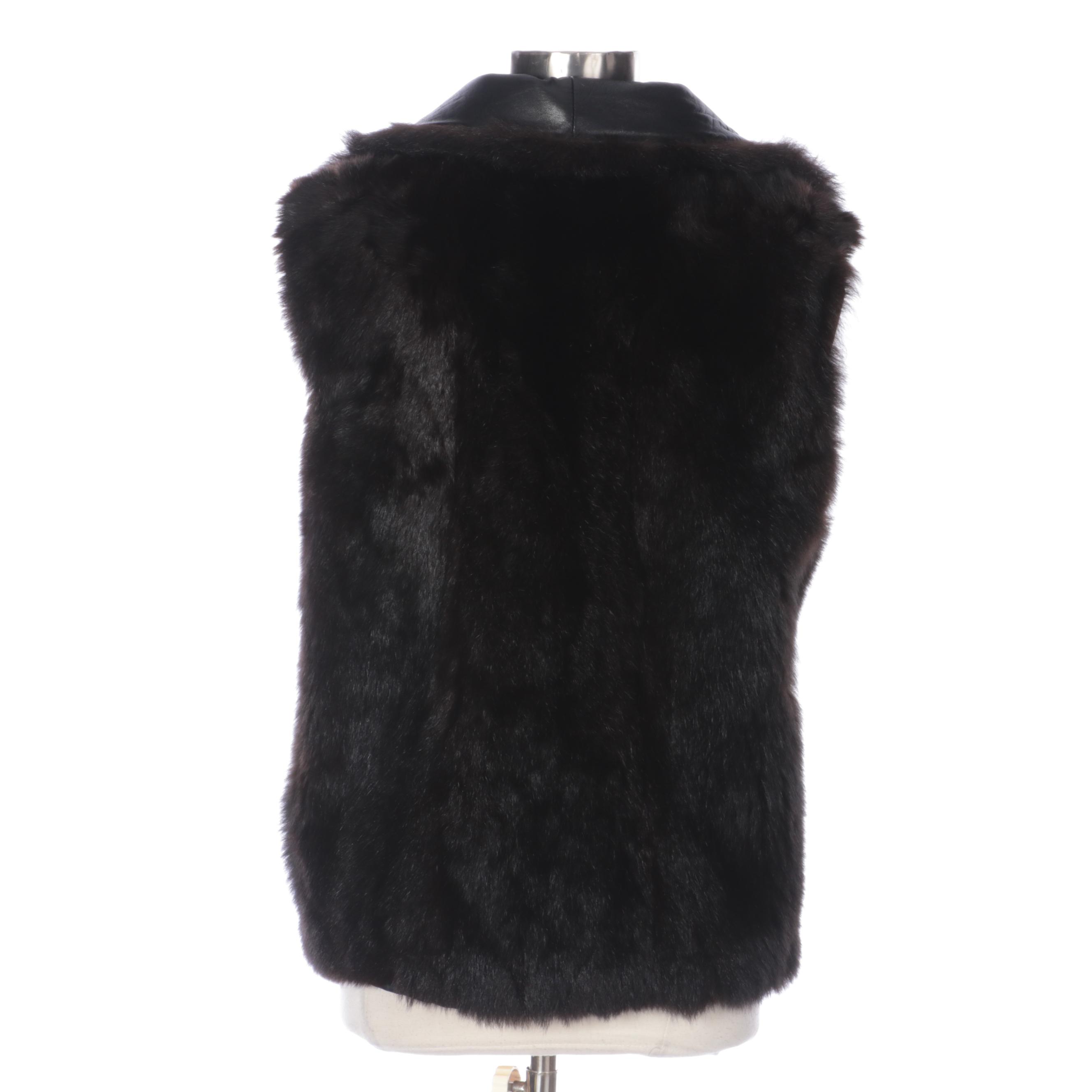 Andrew Marc Black Leather Coat with Removable Opossum Fur Vest