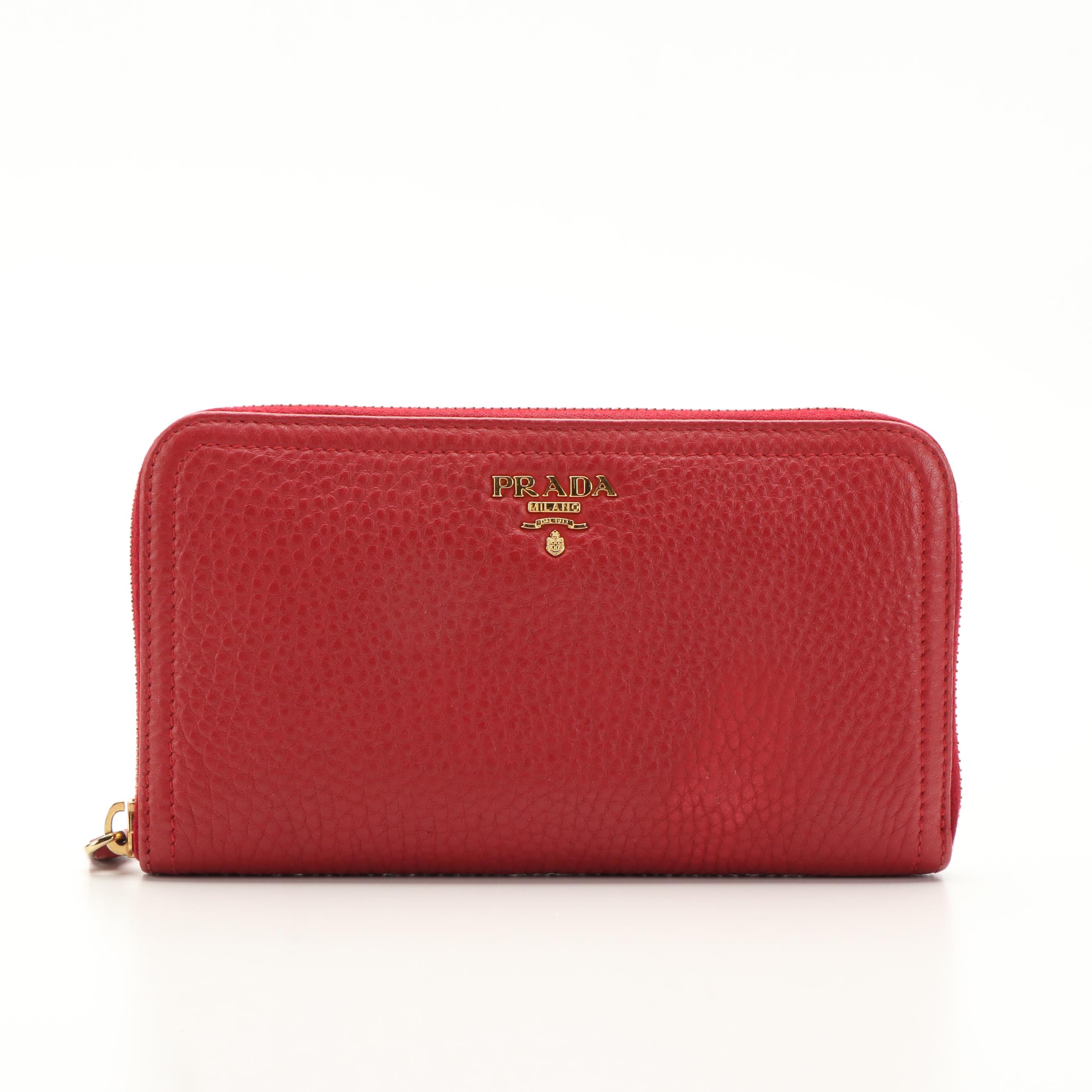 Prada Zip Around Long Wallet in Red Saffiano Leather With Box