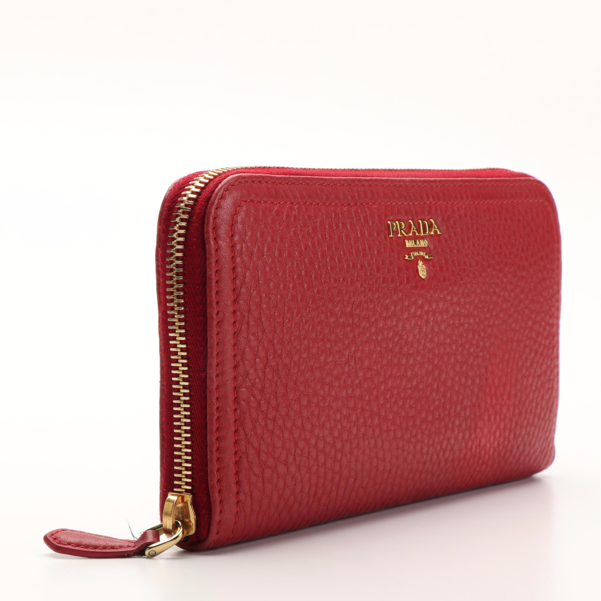 Prada Zip Around Long Wallet in Red Saffiano Leather With Box